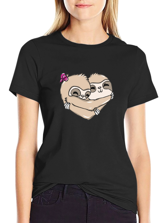 Cute Sloth Couple Hugging T-Shirt - Black