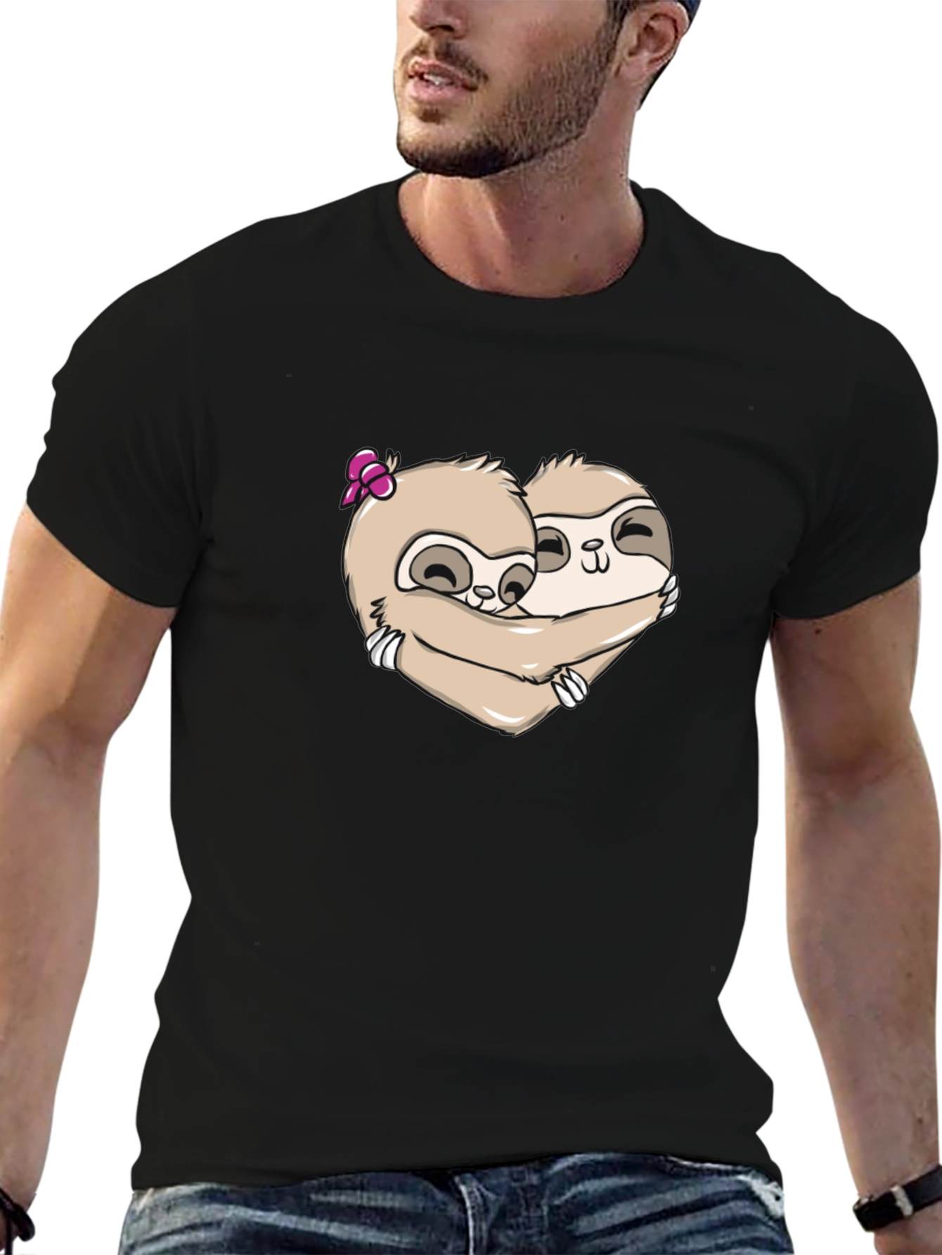 Cute Sloth Couple Hugging T-Shirt - Black
