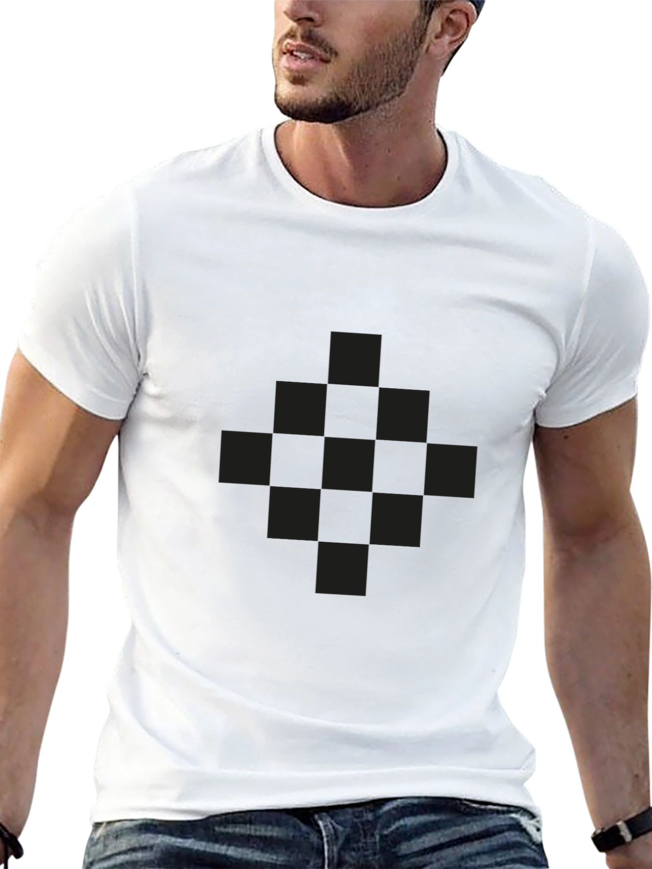 Mens Black Graphic Tee - Checkered Pattern