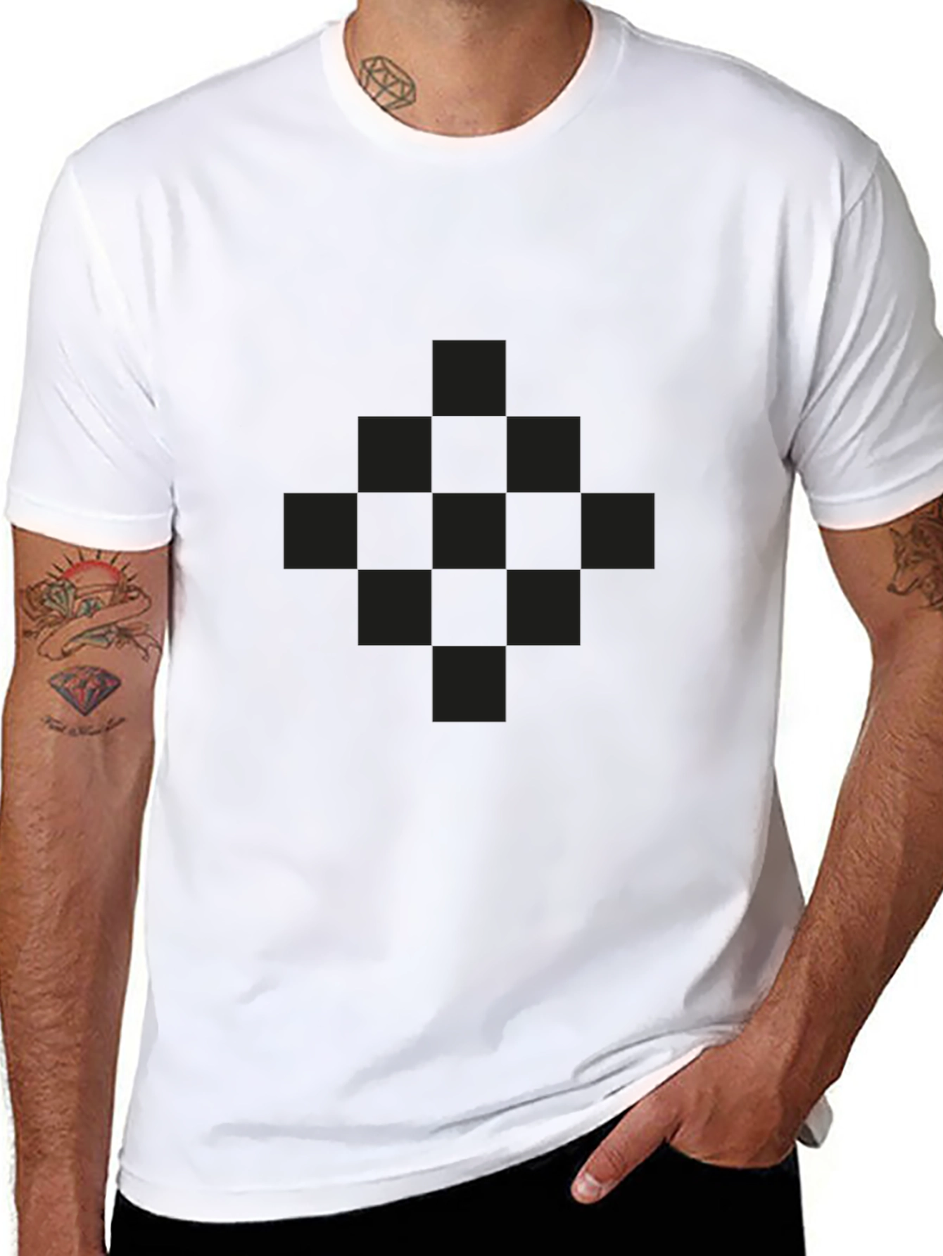 Mens Black Graphic Tee - Checkered Pattern