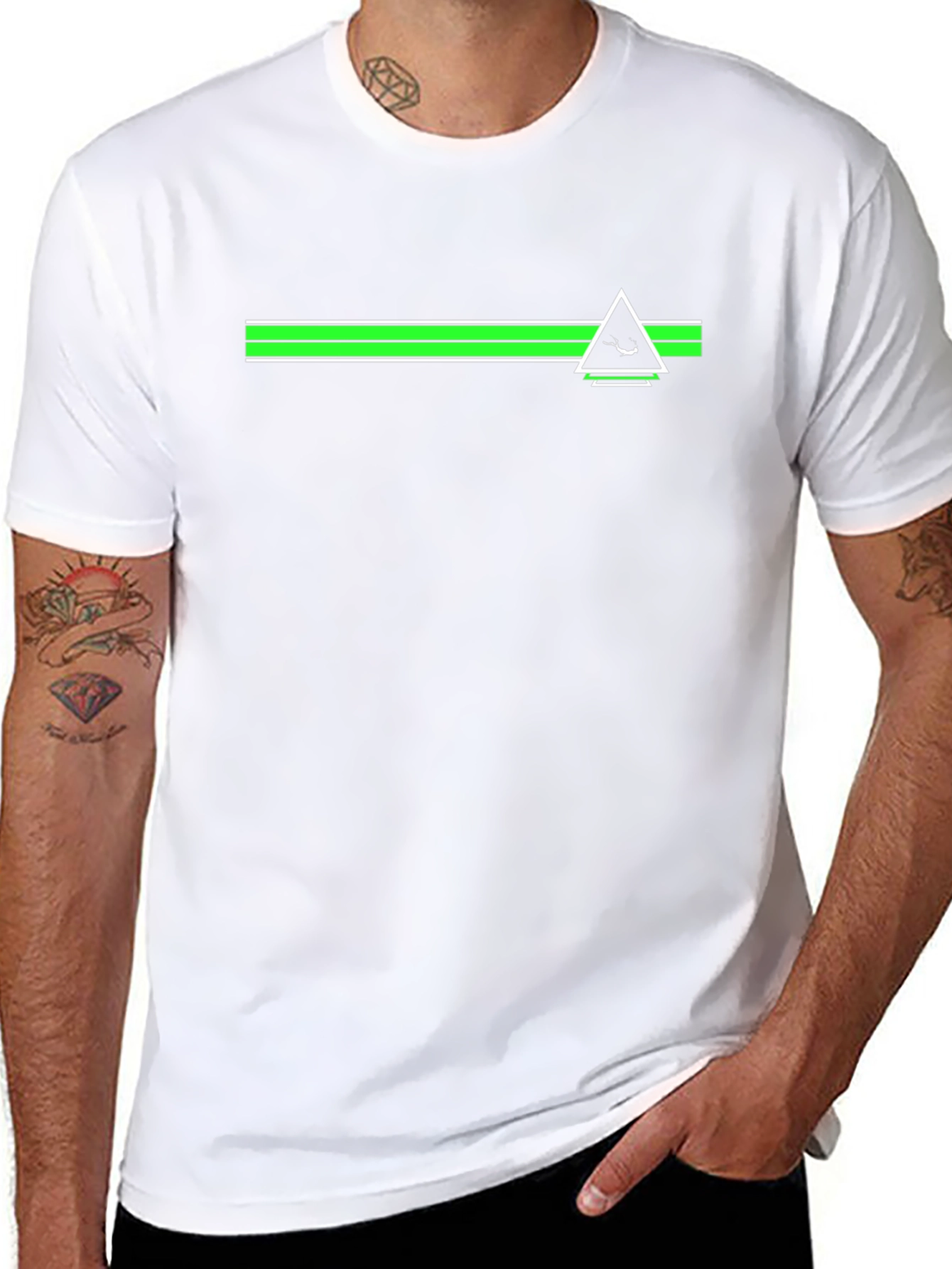 Black T-Shirt with Green Stripe and Triangle Design