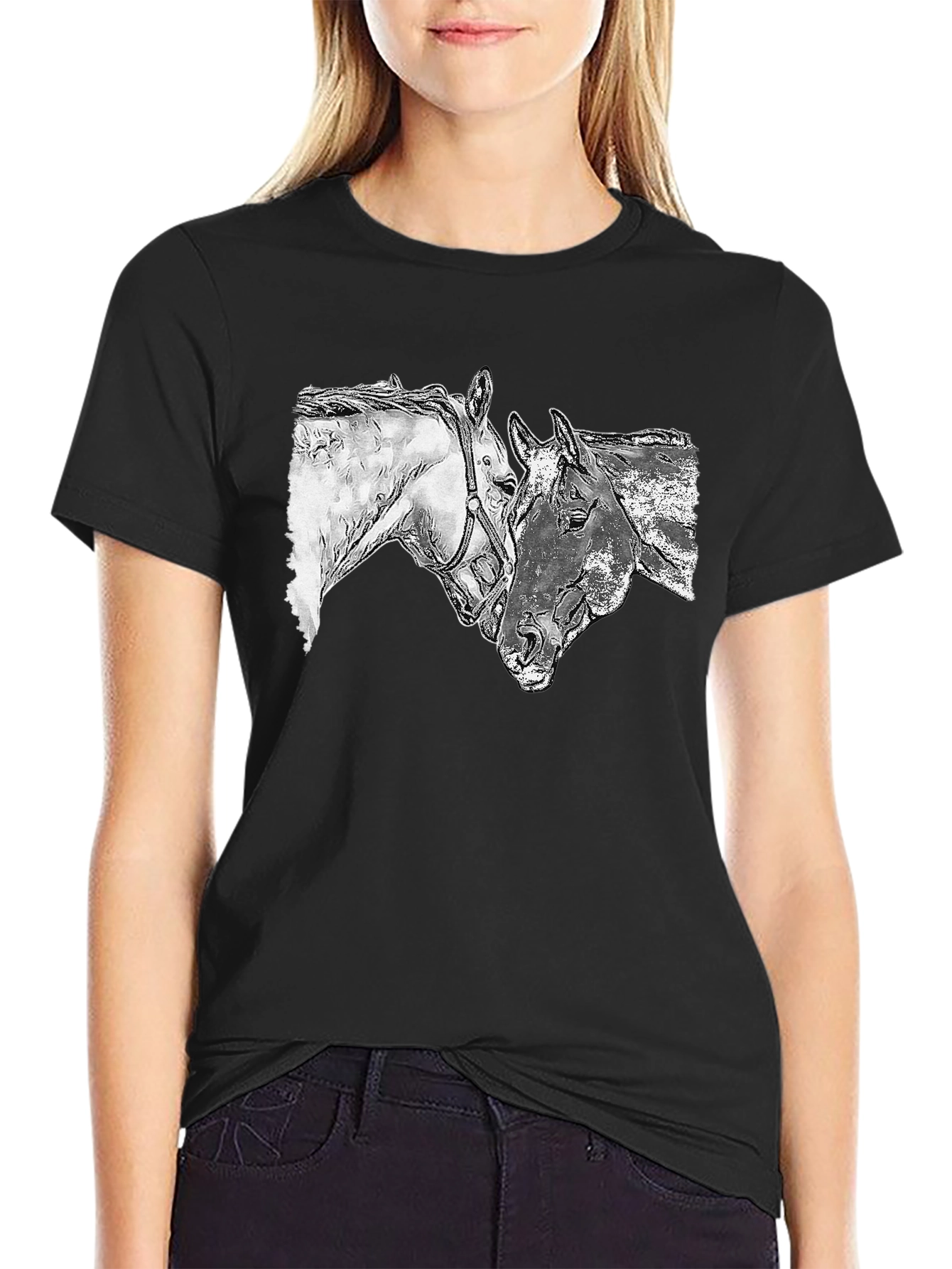 Horse Sketch Graphic Tee - Black Casual T-Shirt