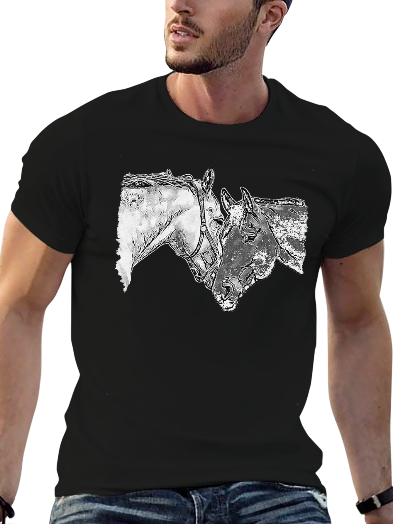 Horse Sketch Graphic Tee - Black Casual T-Shirt