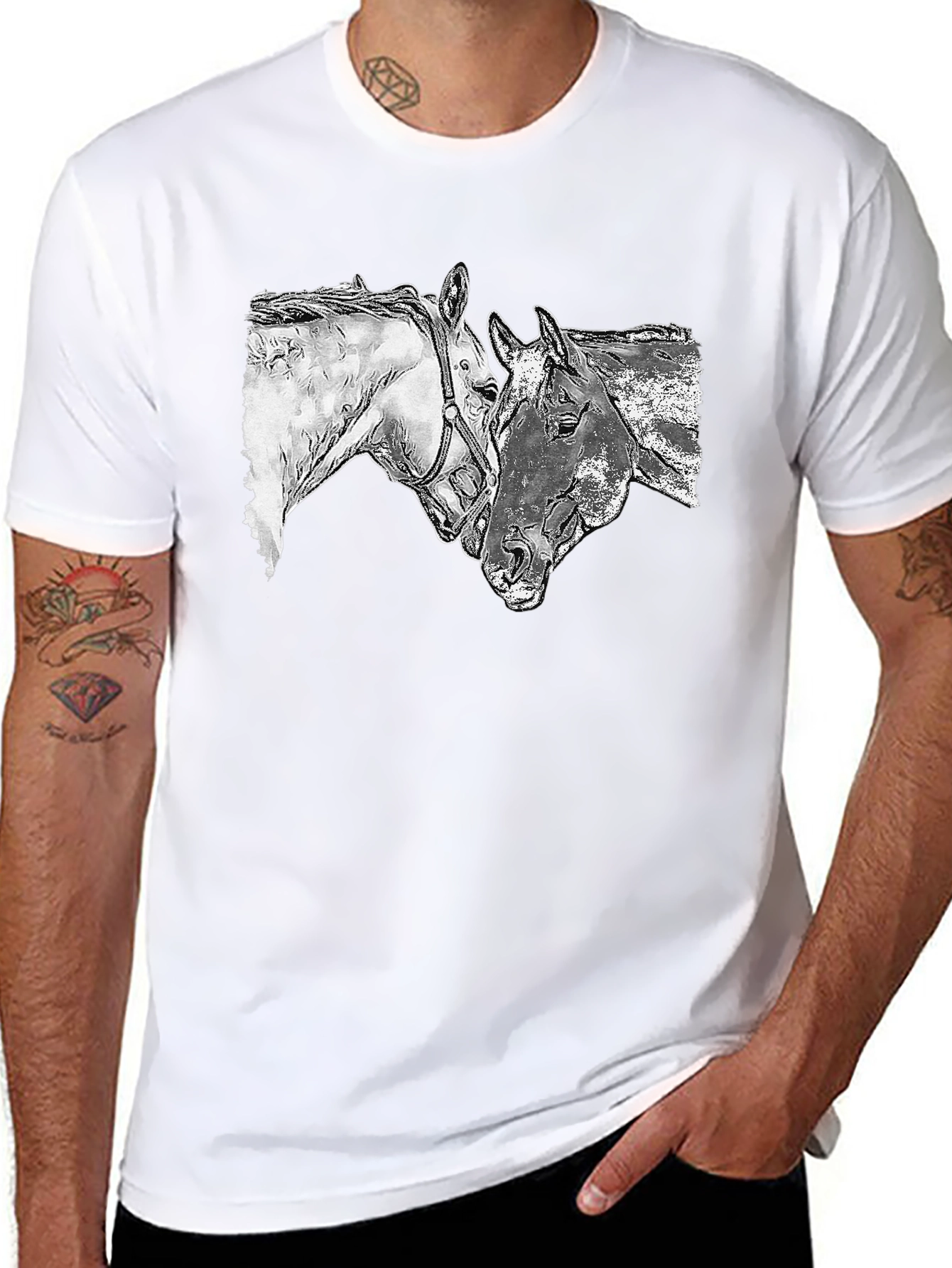 Horse Sketch Graphic Tee - Black Casual T-Shirt