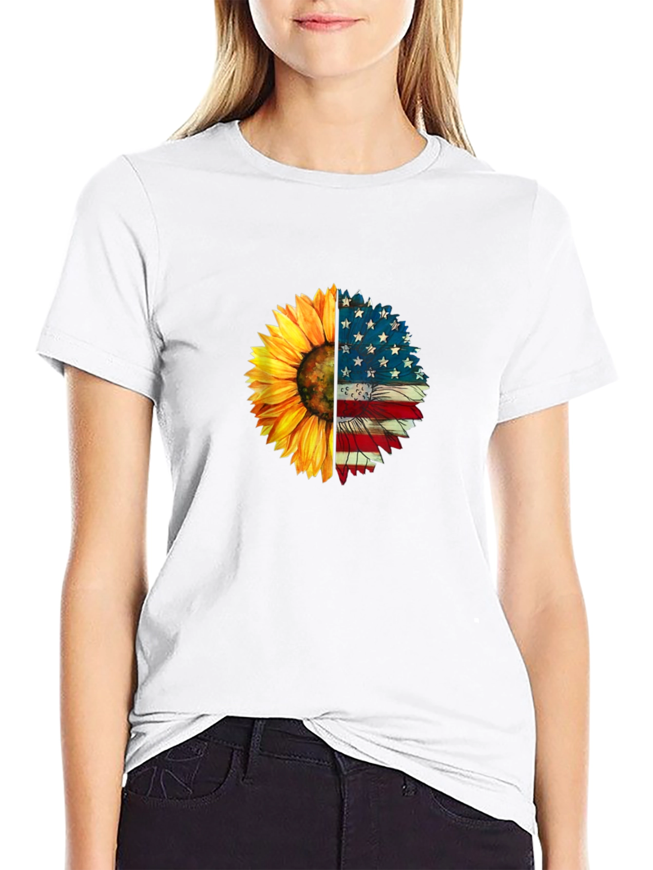 Sunflower American Flag Graphic T-Shirt