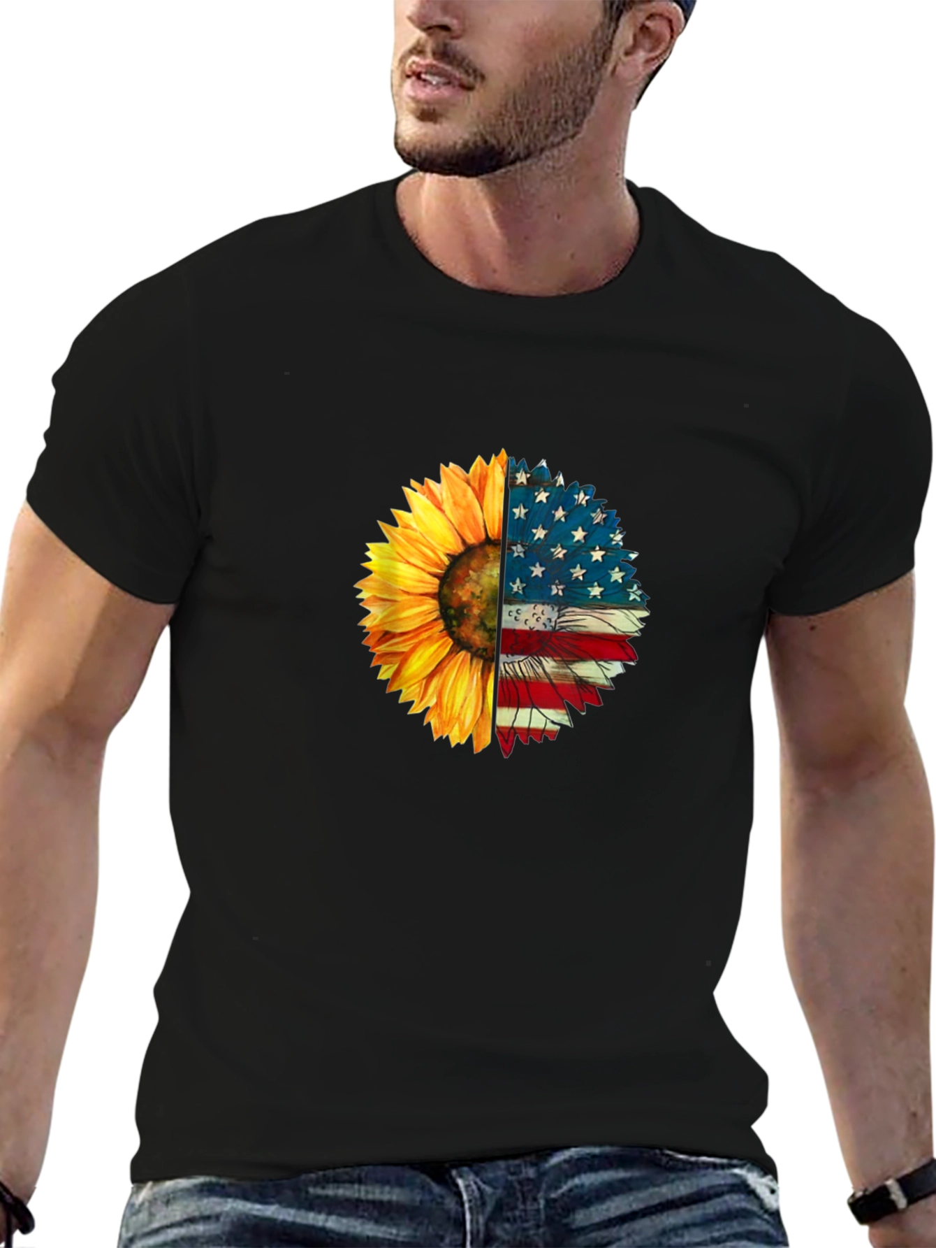 Sunflower American Flag Graphic T-Shirt