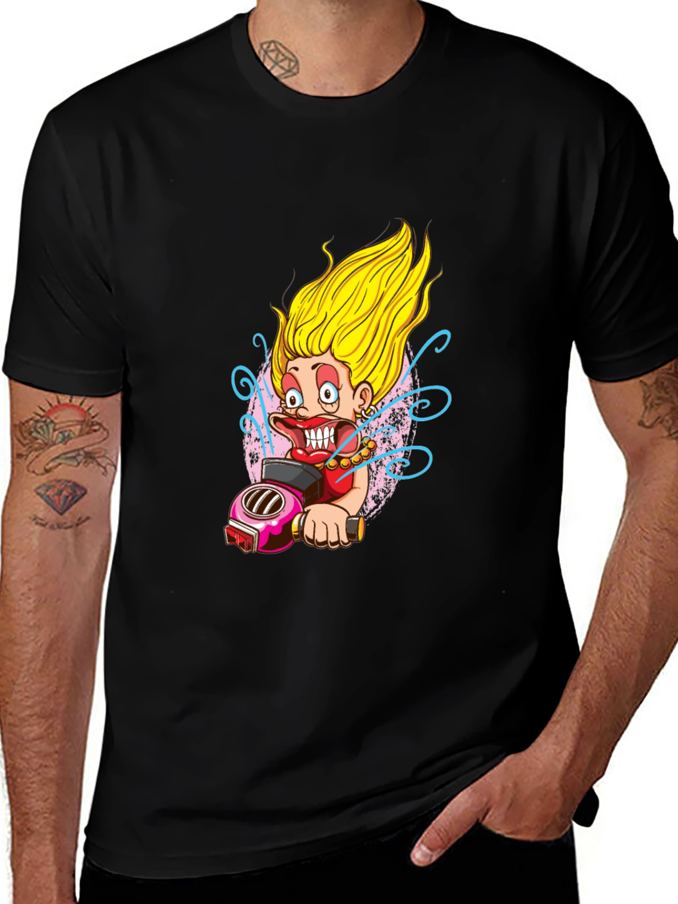 Fun Cartoon Biker Graphic Tee - Black