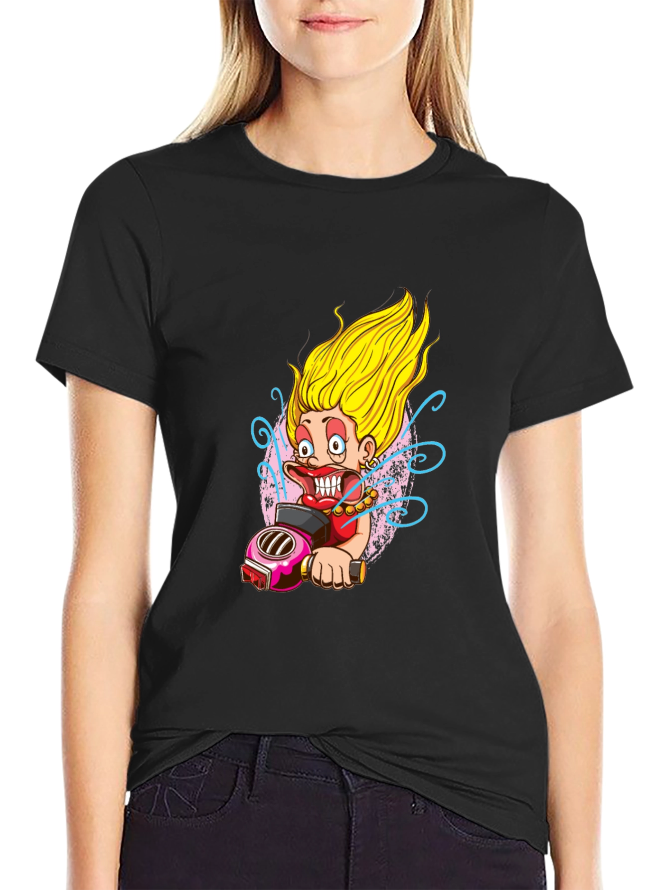 Fun Cartoon Biker Graphic Tee - Black