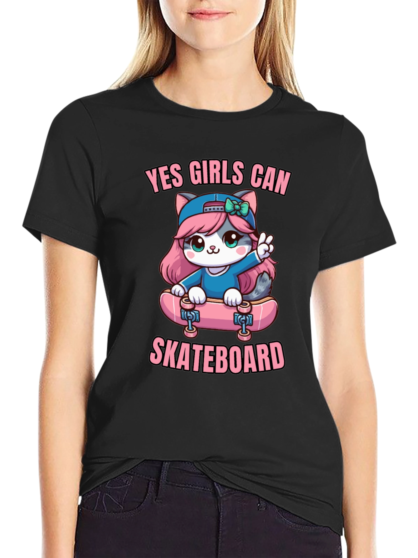 Yes Girls Can Skateboard Cute Kitty T-Shirt