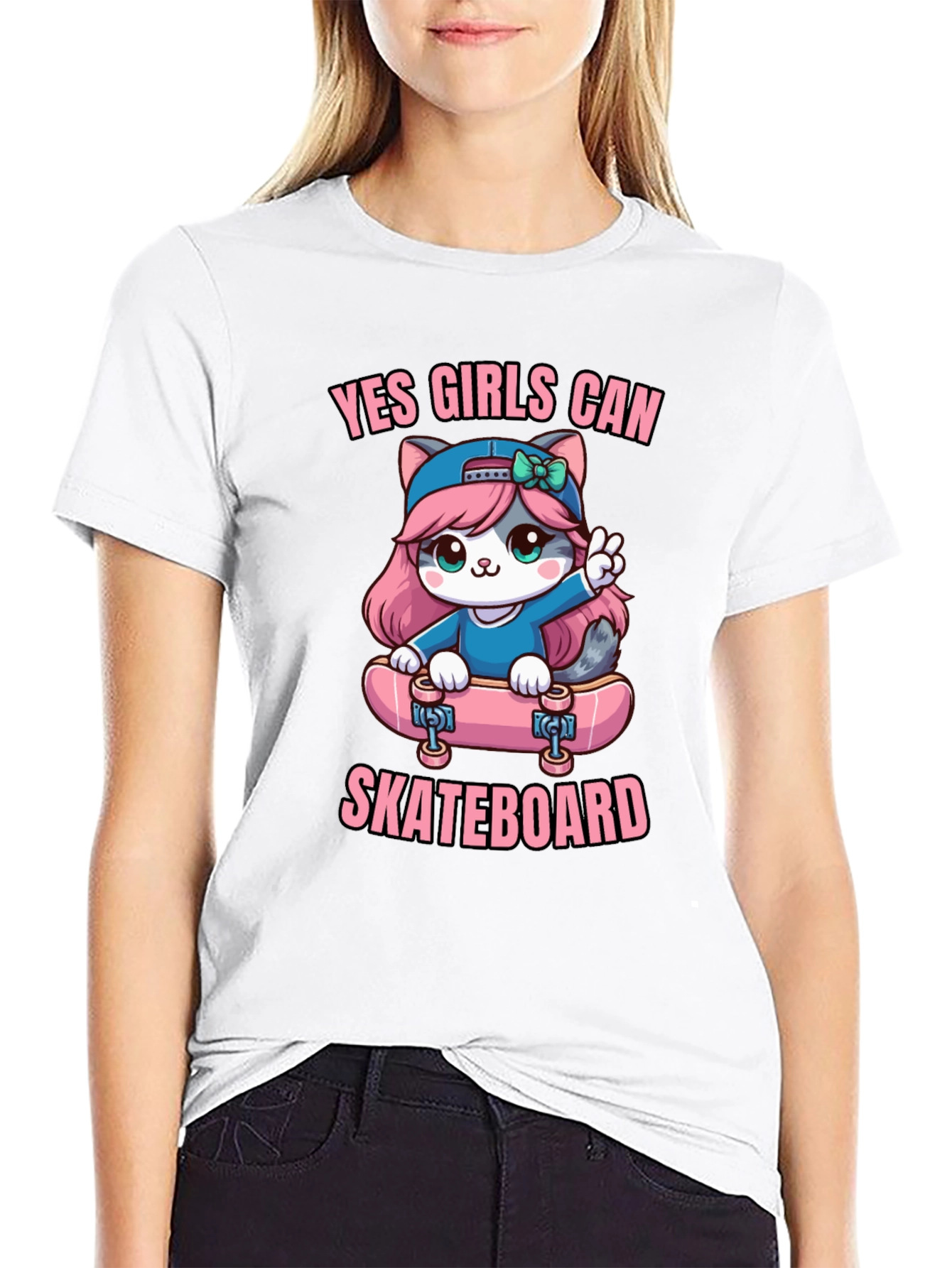 Yes Girls Can Skateboard Cute Kitty T-Shirt