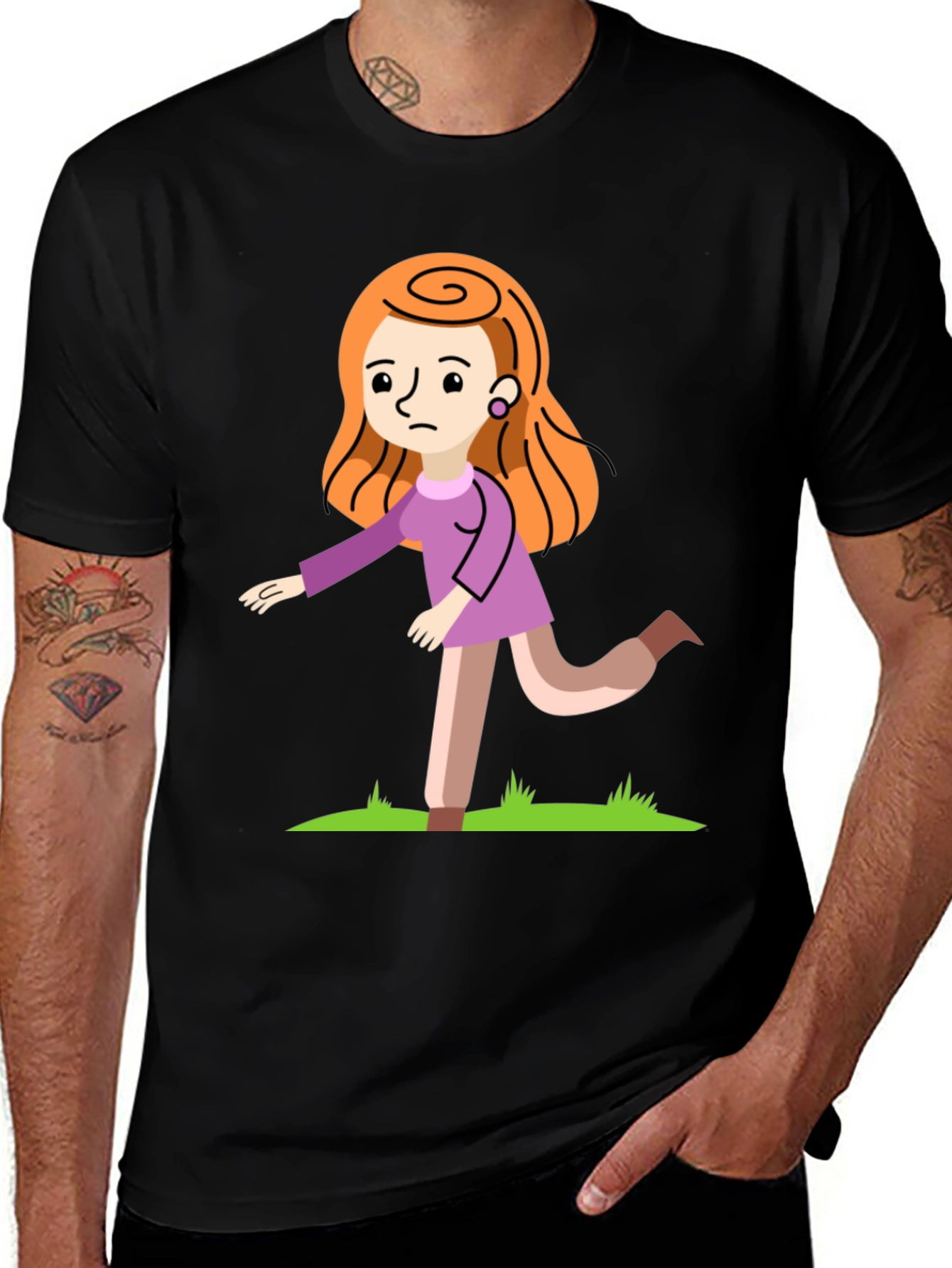 Cartoon Woman Graphic Print Black T-Shirt