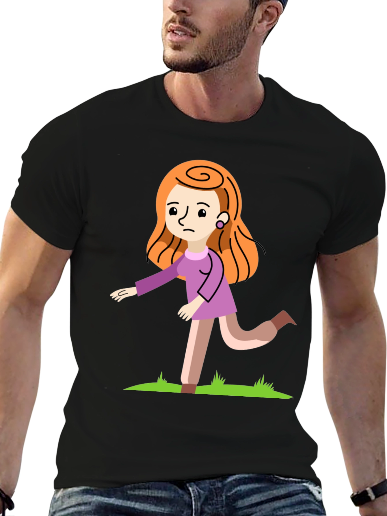 Cartoon Woman Graphic Print Black T-Shirt