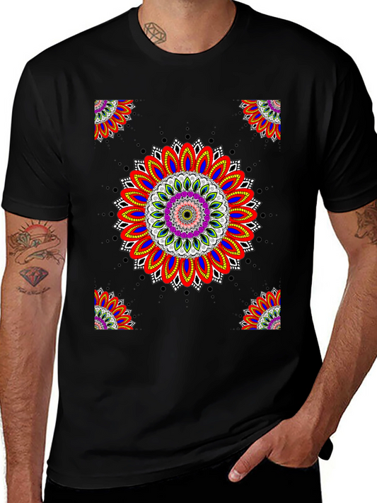 Colorful Mandala Print Black T-Shirt
