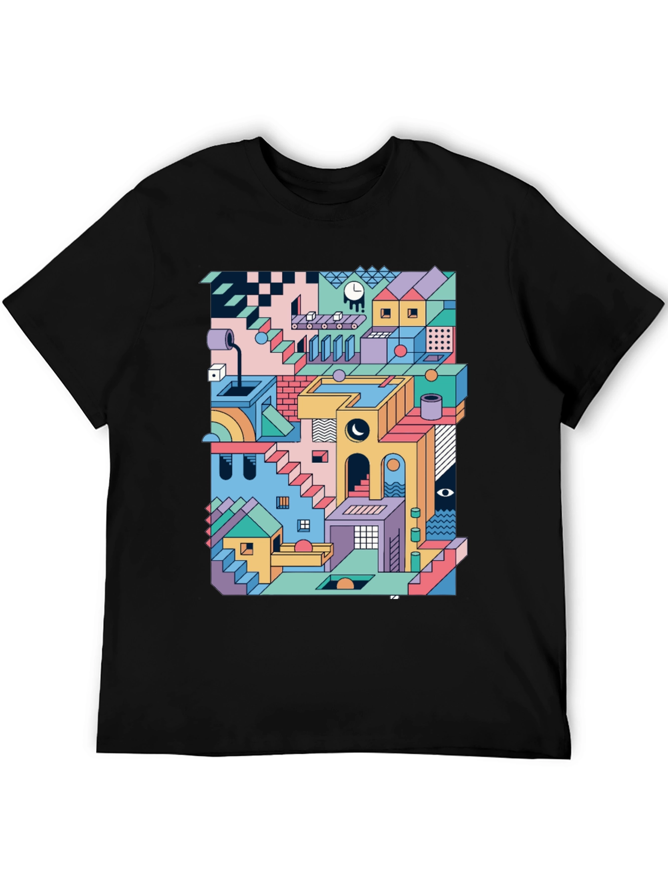 Geometric Illusion Print Black T-Shirt