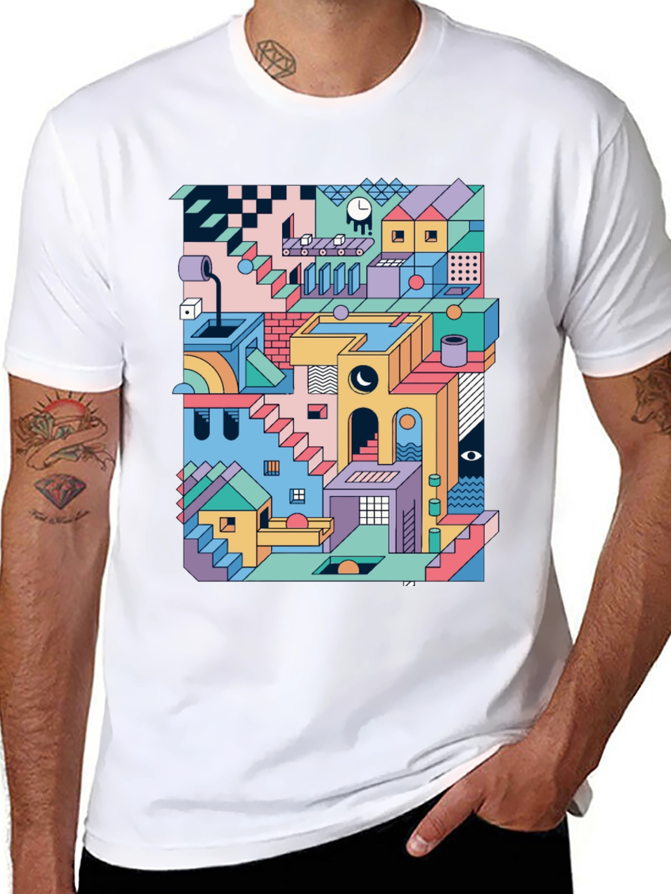 Geometric Illusion Print Black T-Shirt