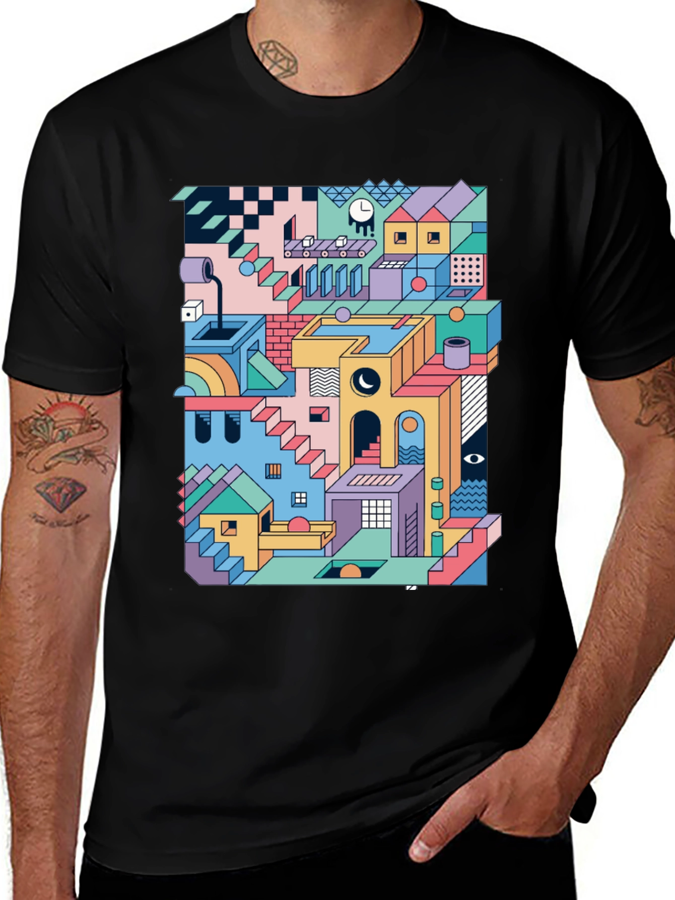 Geometric Illusion Print Black T-Shirt