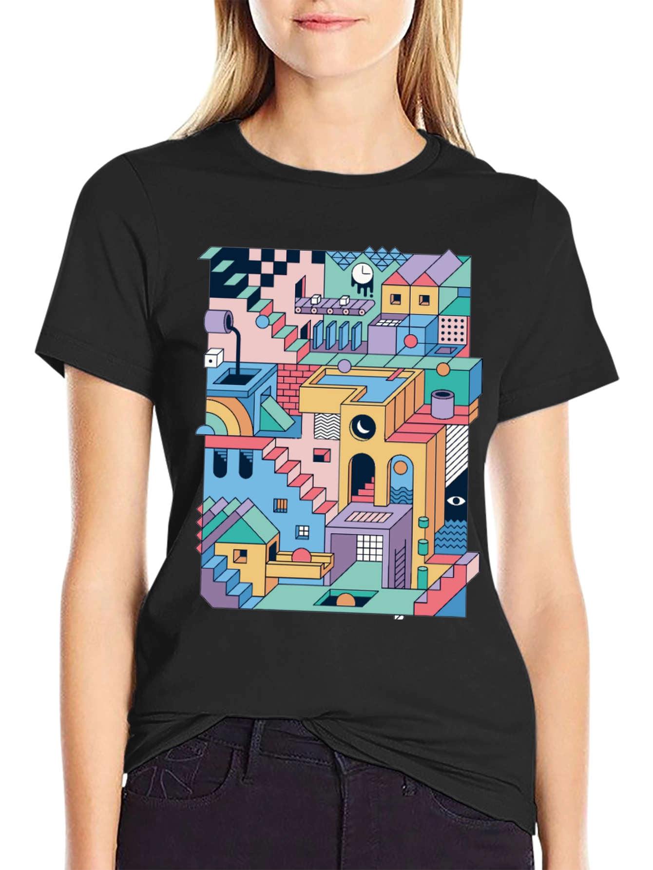 Geometric Illusion Print Black T-Shirt