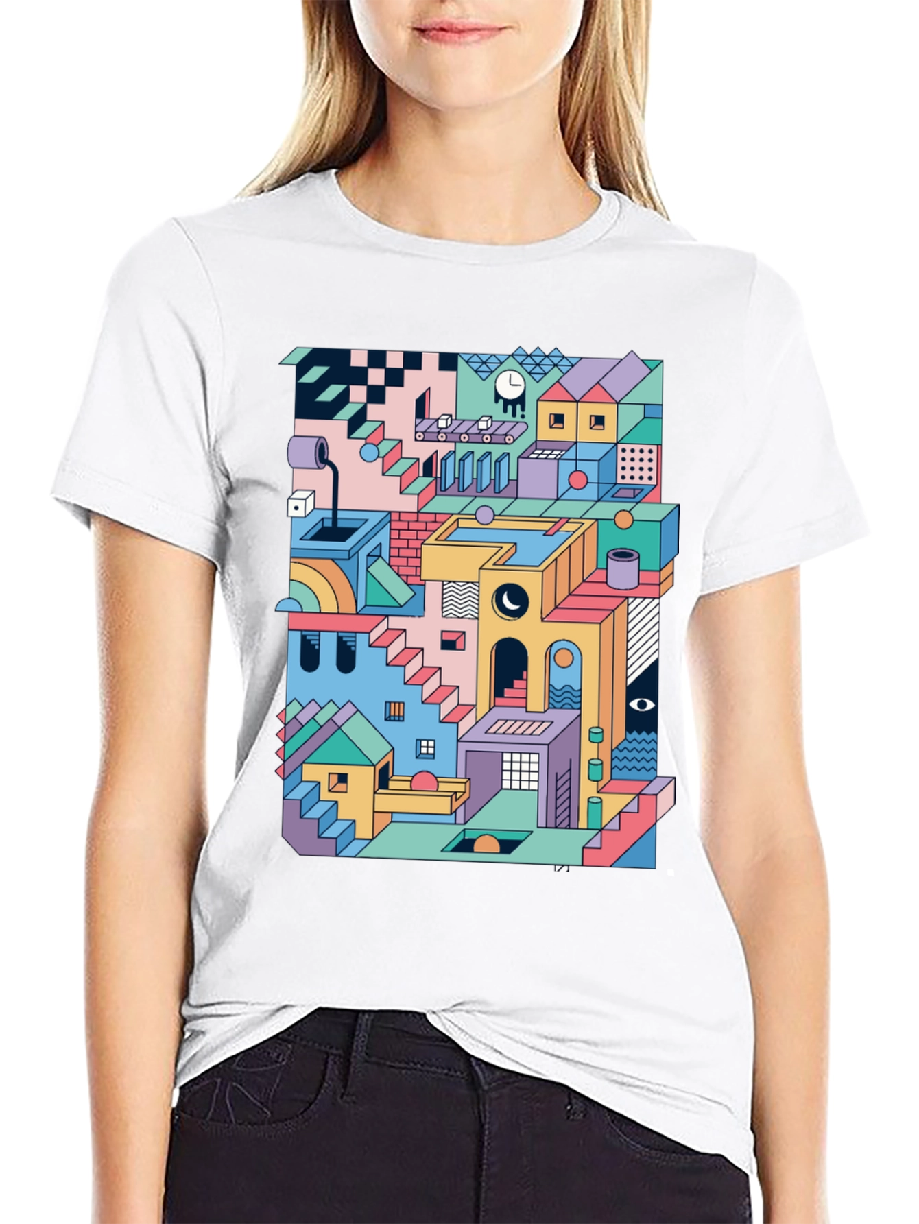 Geometric Illusion Print Black T-Shirt