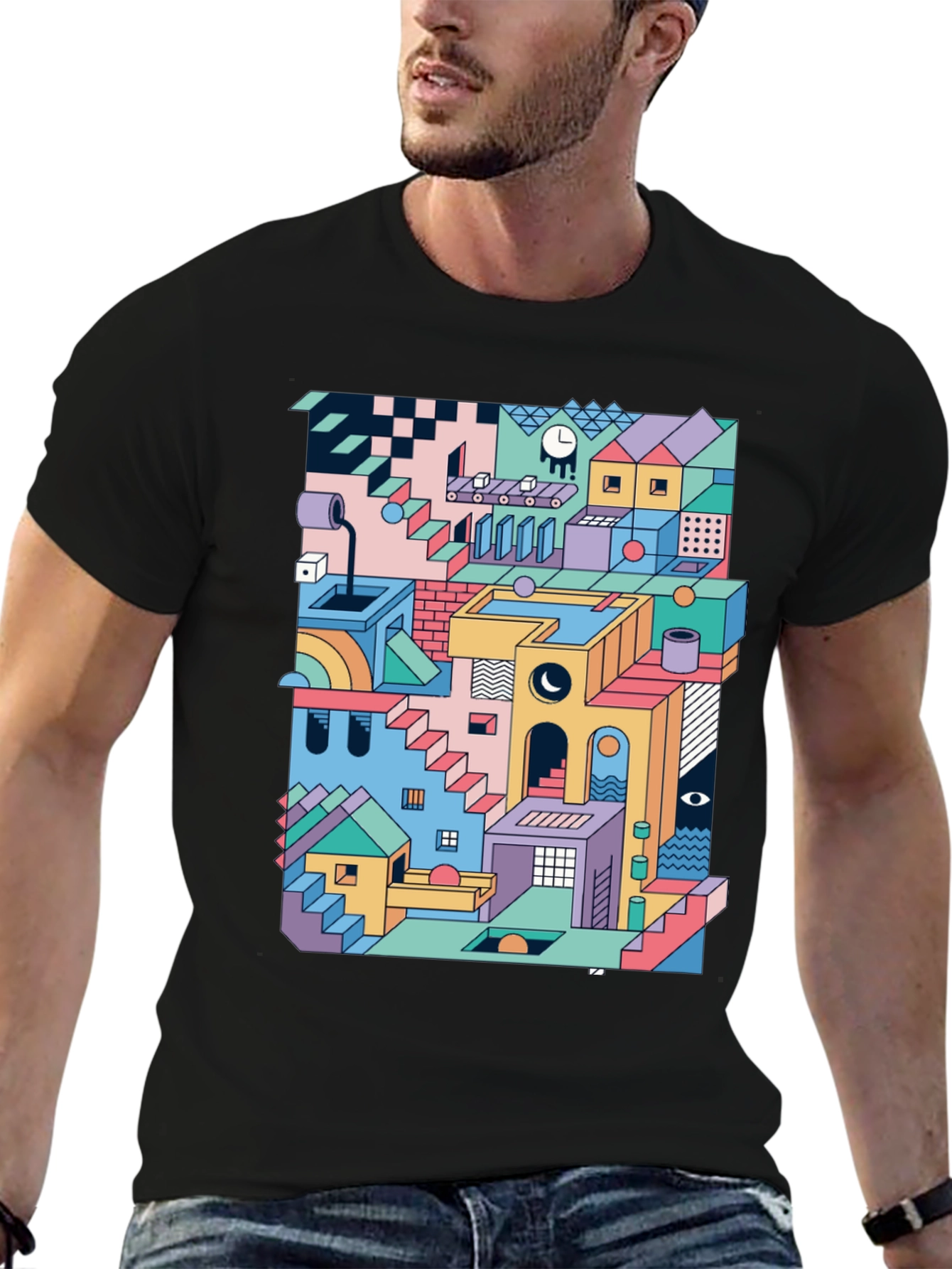 Geometric Illusion Print Black T-Shirt