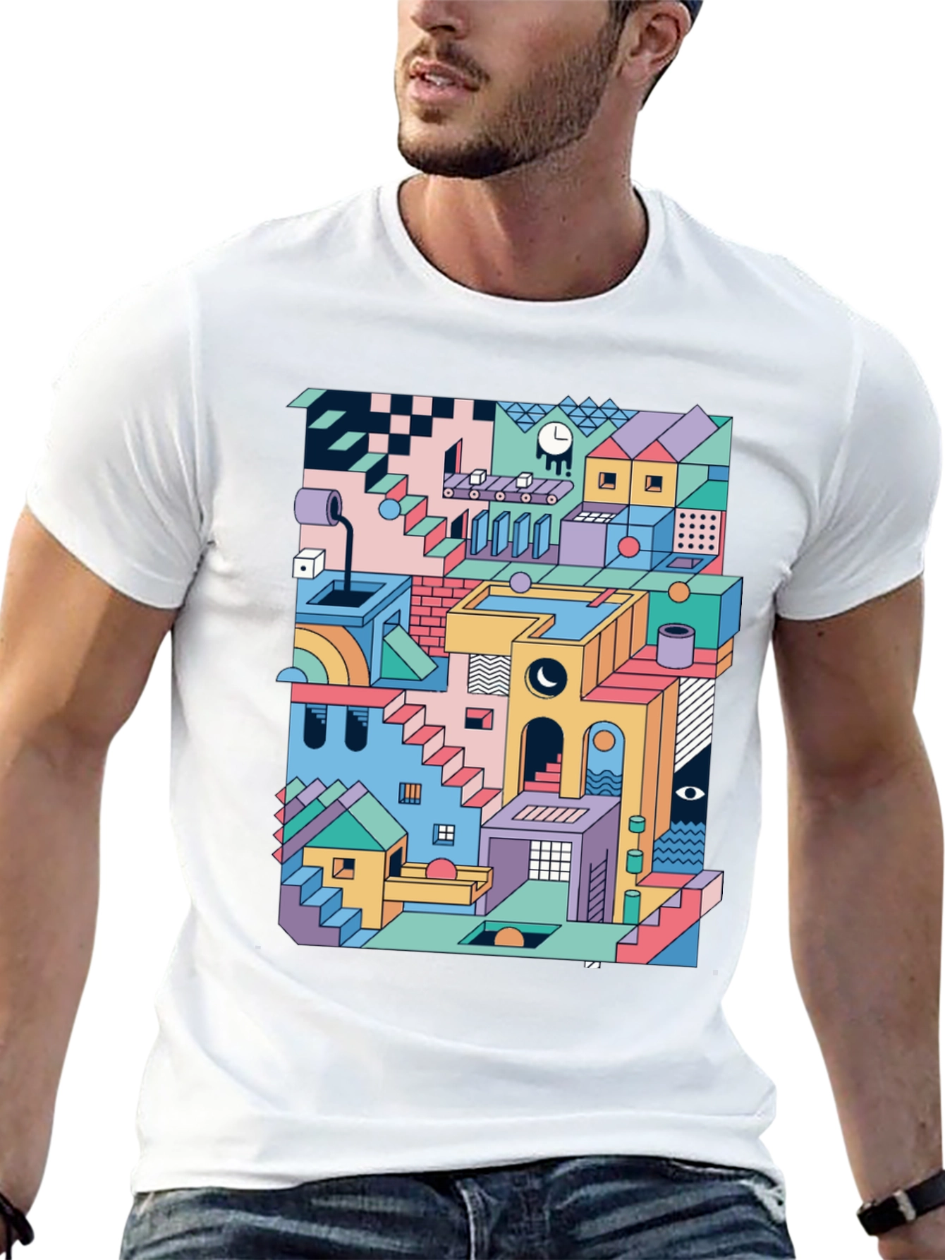 Geometric Illusion Print Black T-Shirt