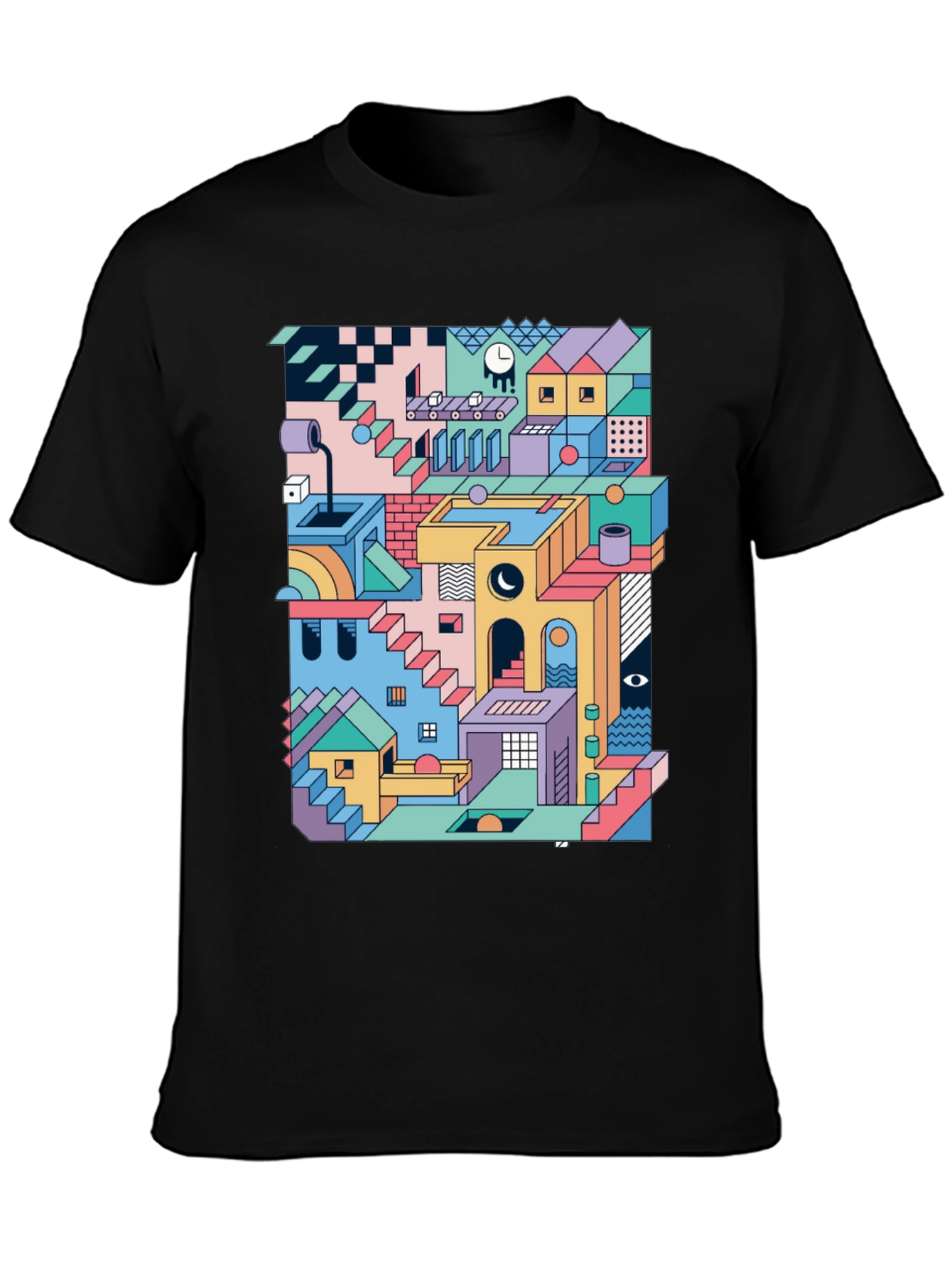 Geometric Illusion Print Black T-Shirt
