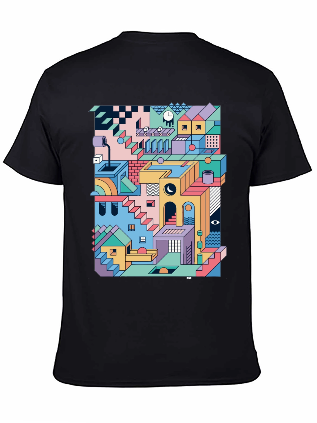 Geometric Illusion Print Black T-Shirt