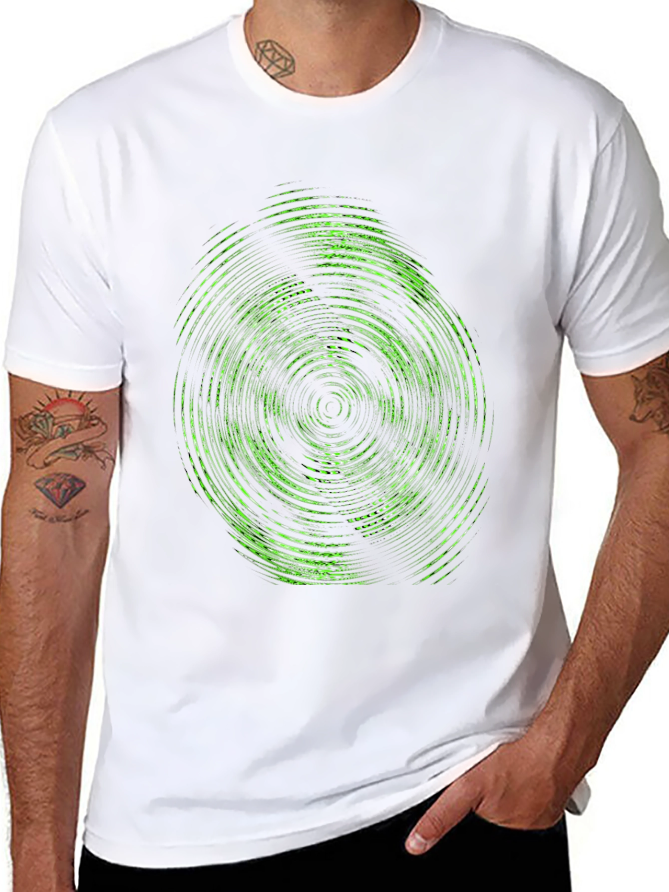 Abstract Green Circle Graphic Print Black T-Shirt