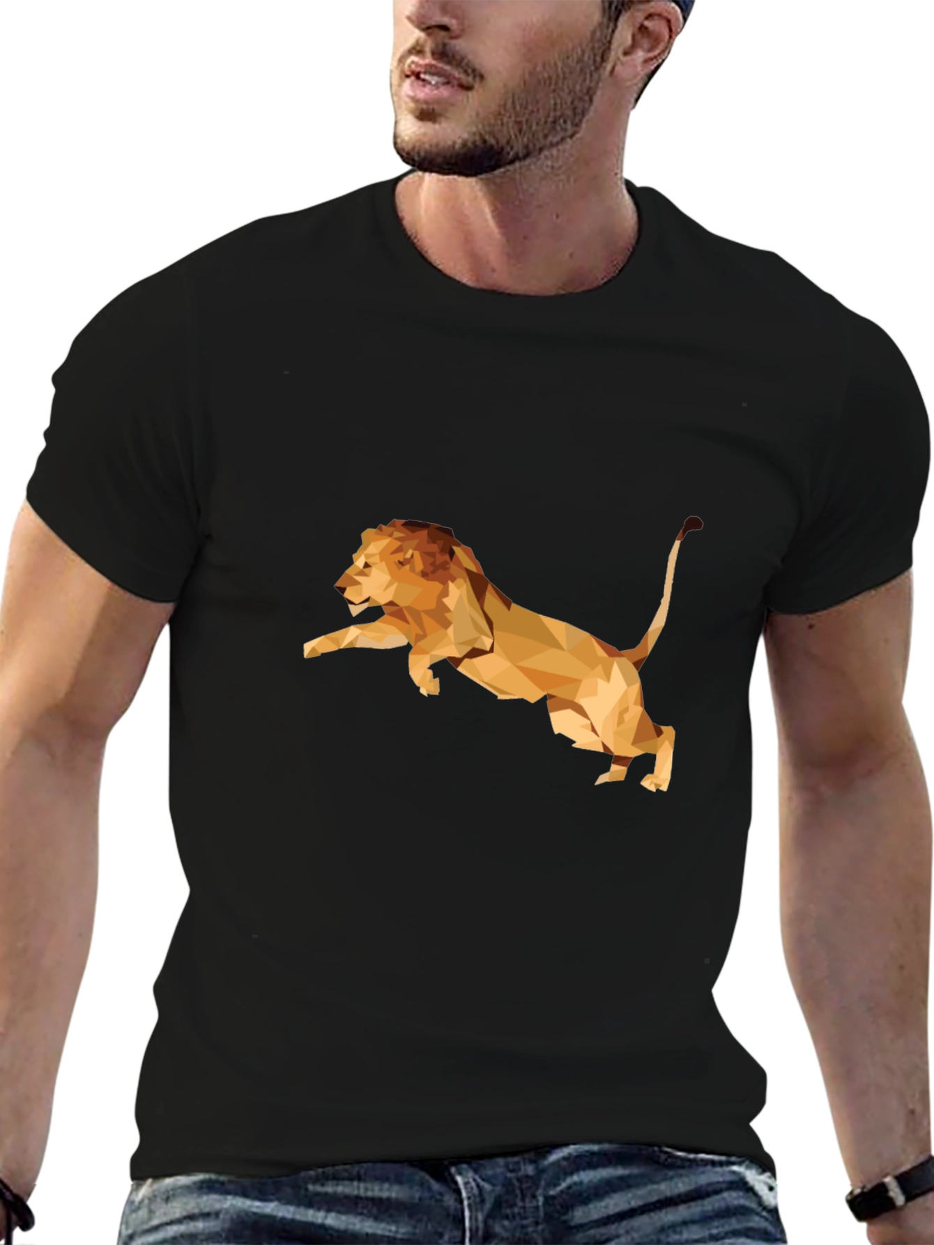 Geometric Lion Graphic Print Tee - Black