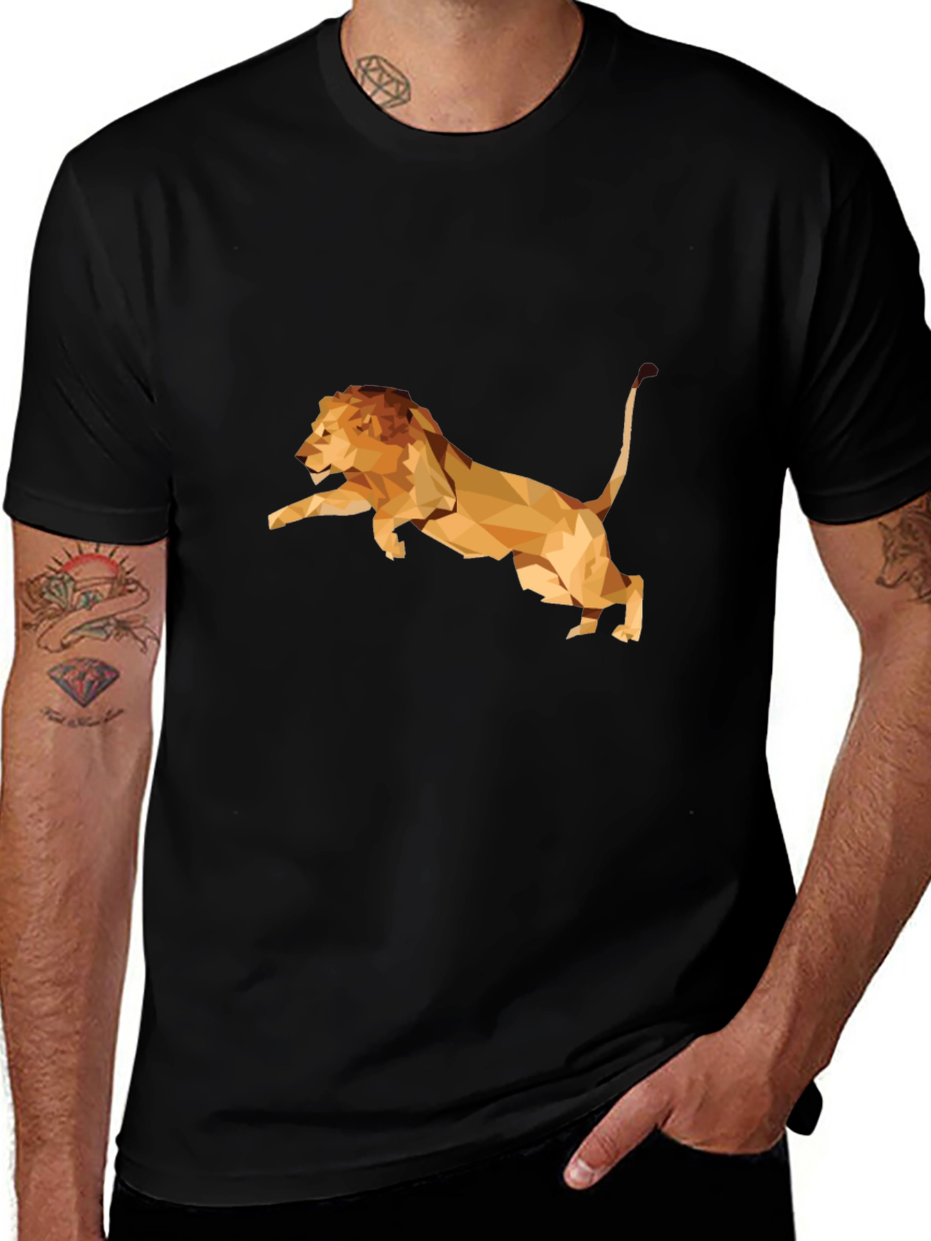 Geometric Lion Graphic Print Tee - Black