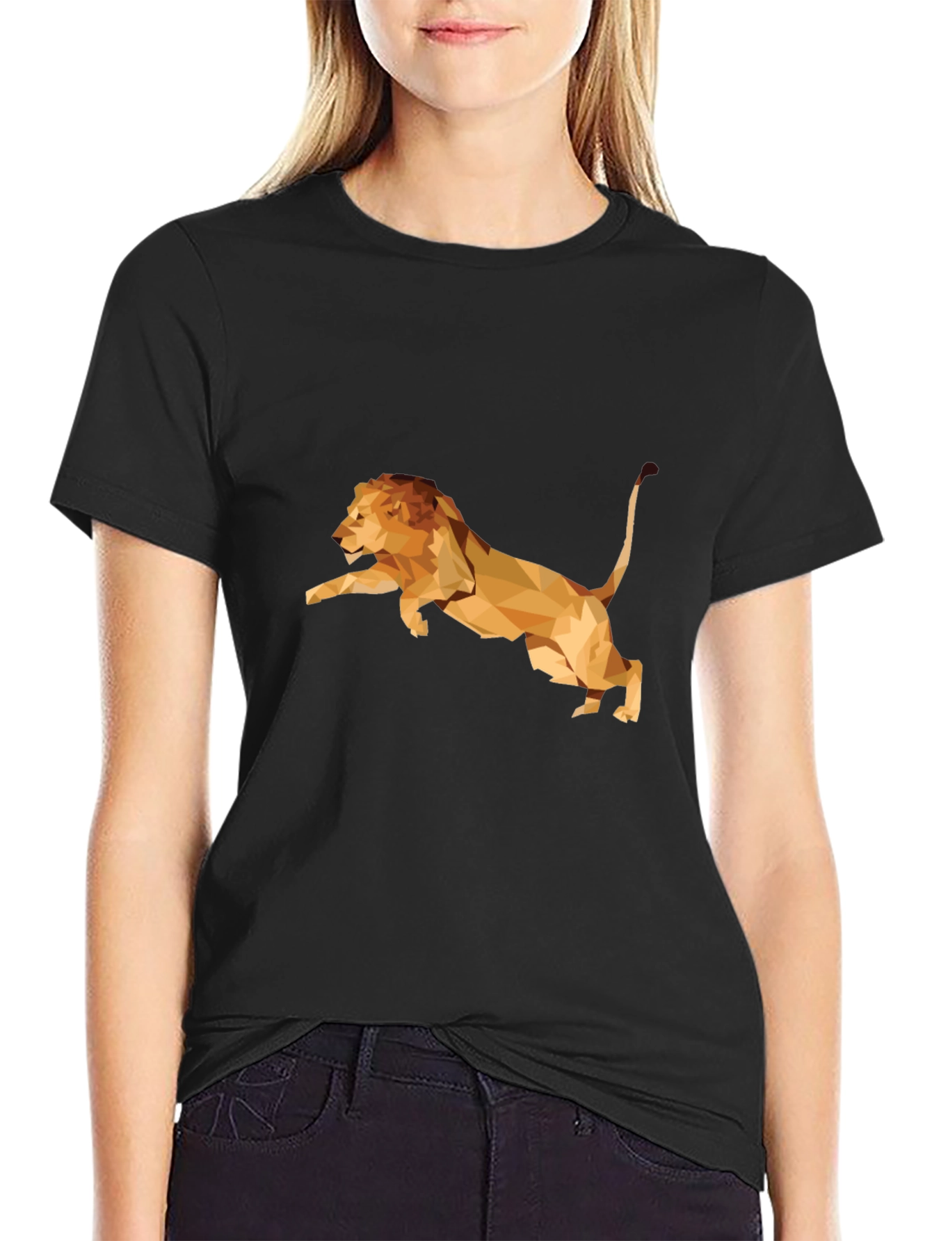 Geometric Lion Graphic Print Tee - Black
