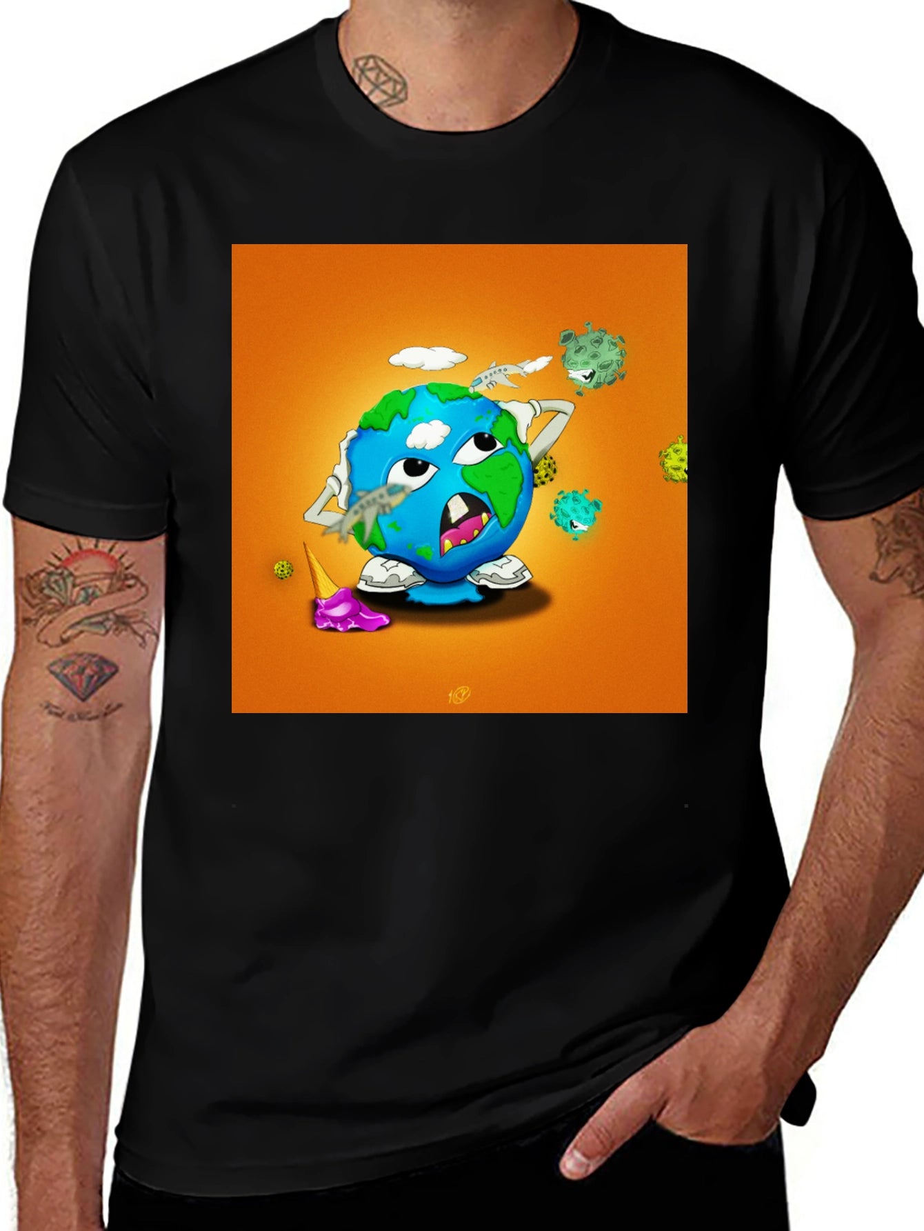 Earth Cartoon Graphic Tee - Black