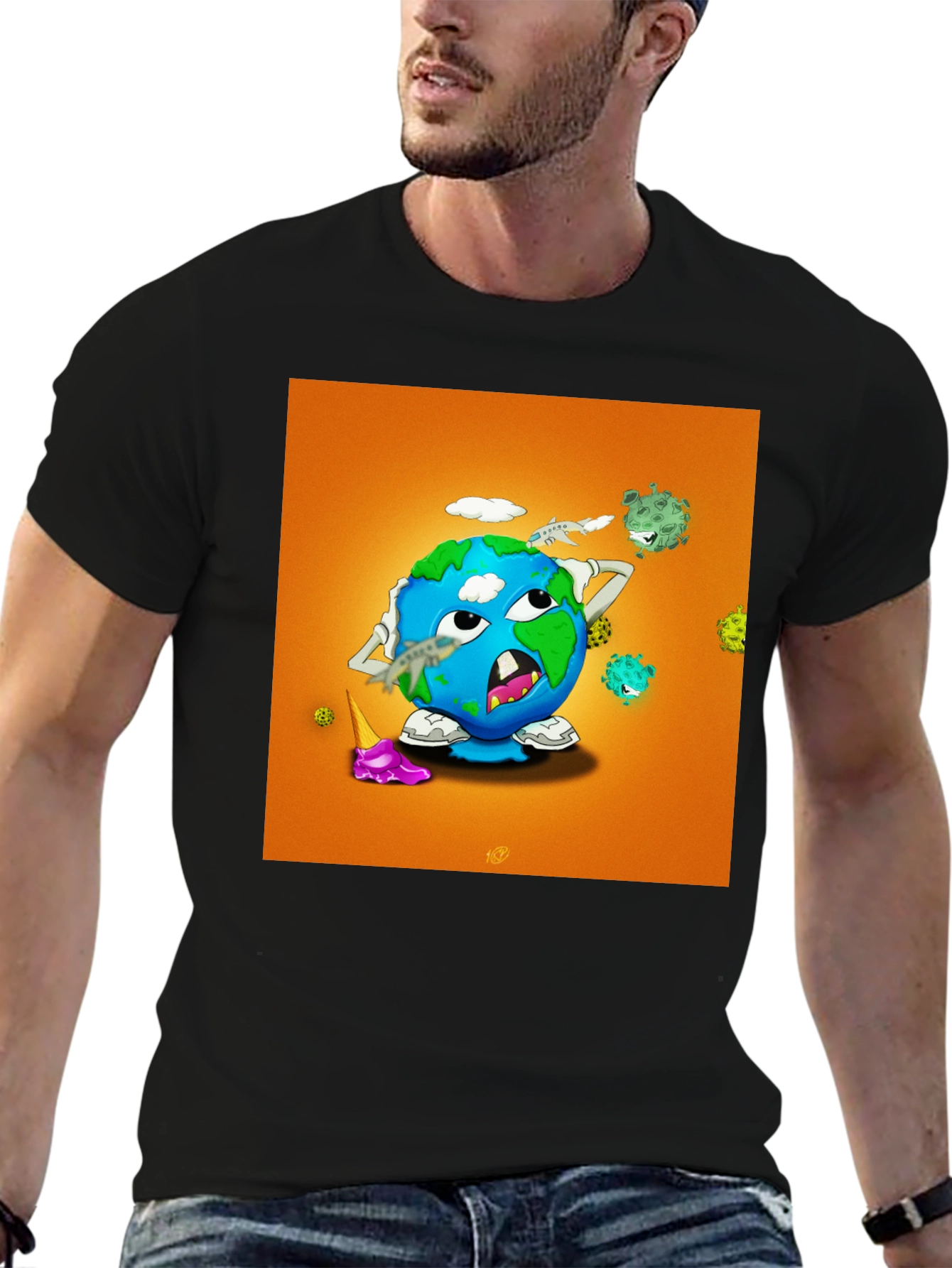 Earth Cartoon Graphic Tee - Black