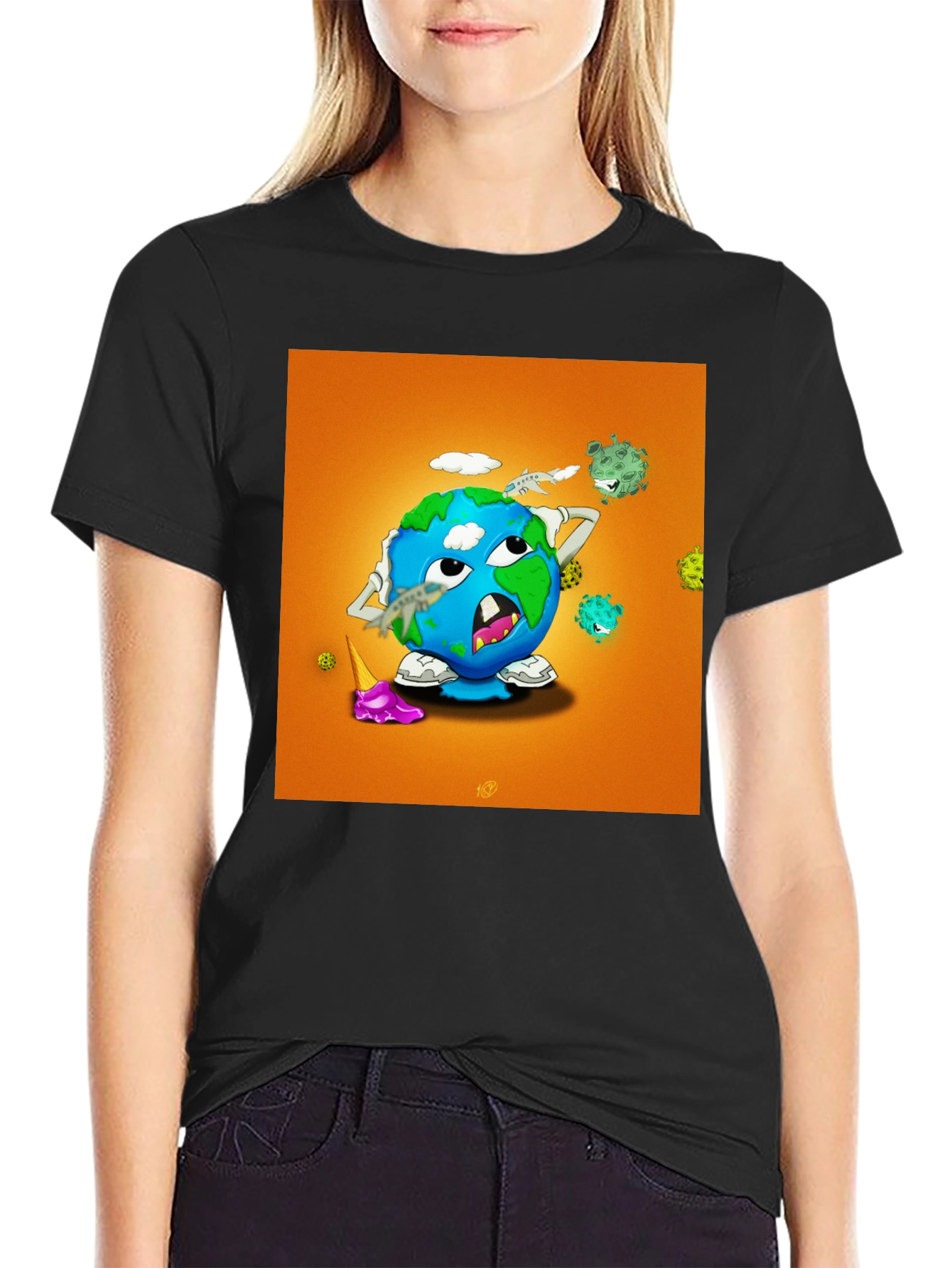 Earth Cartoon Graphic Tee - Black