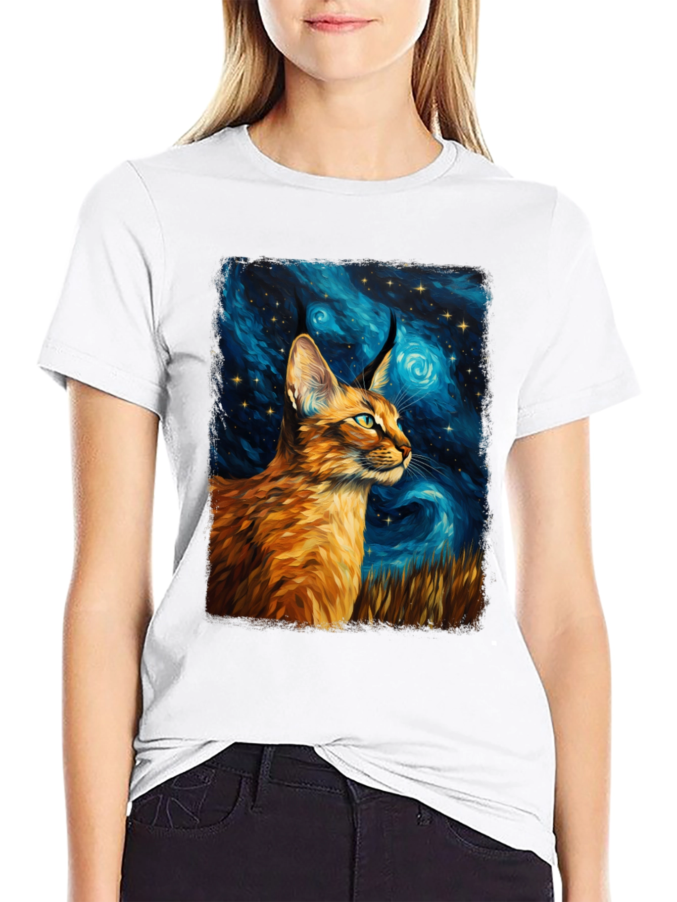 Caracal Cat Starry Night Art Black T-Shirt