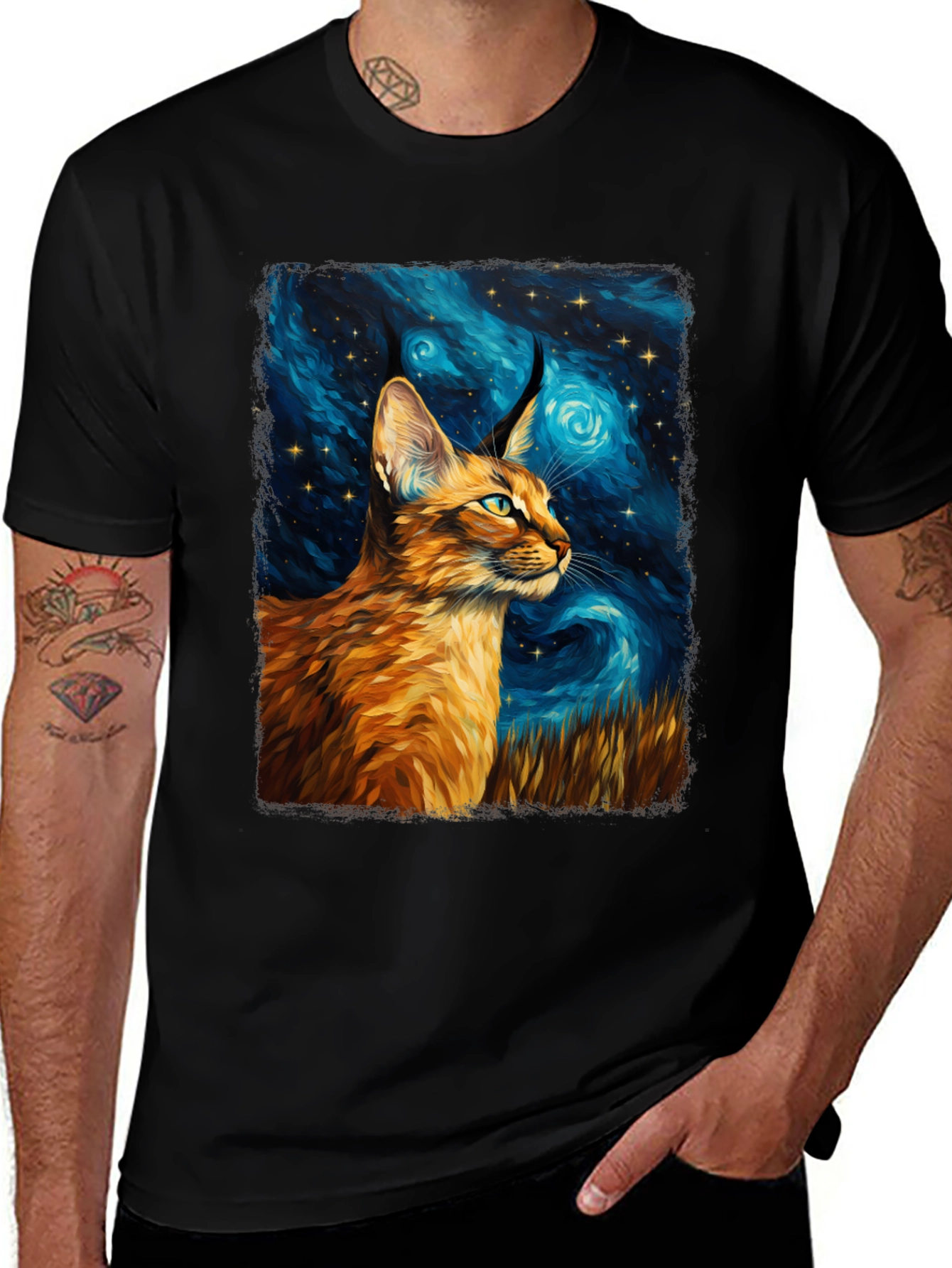 Caracal Cat Starry Night Art Black T-Shirt
