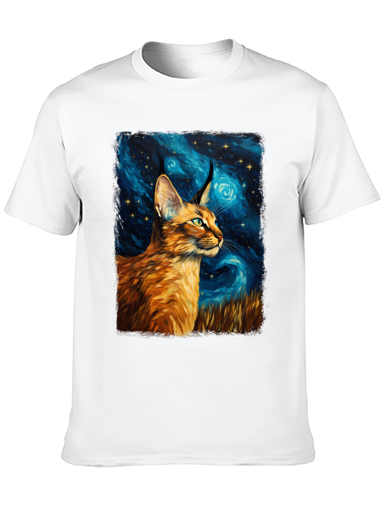 Caracal Cat Starry Night Art Black T-Shirt