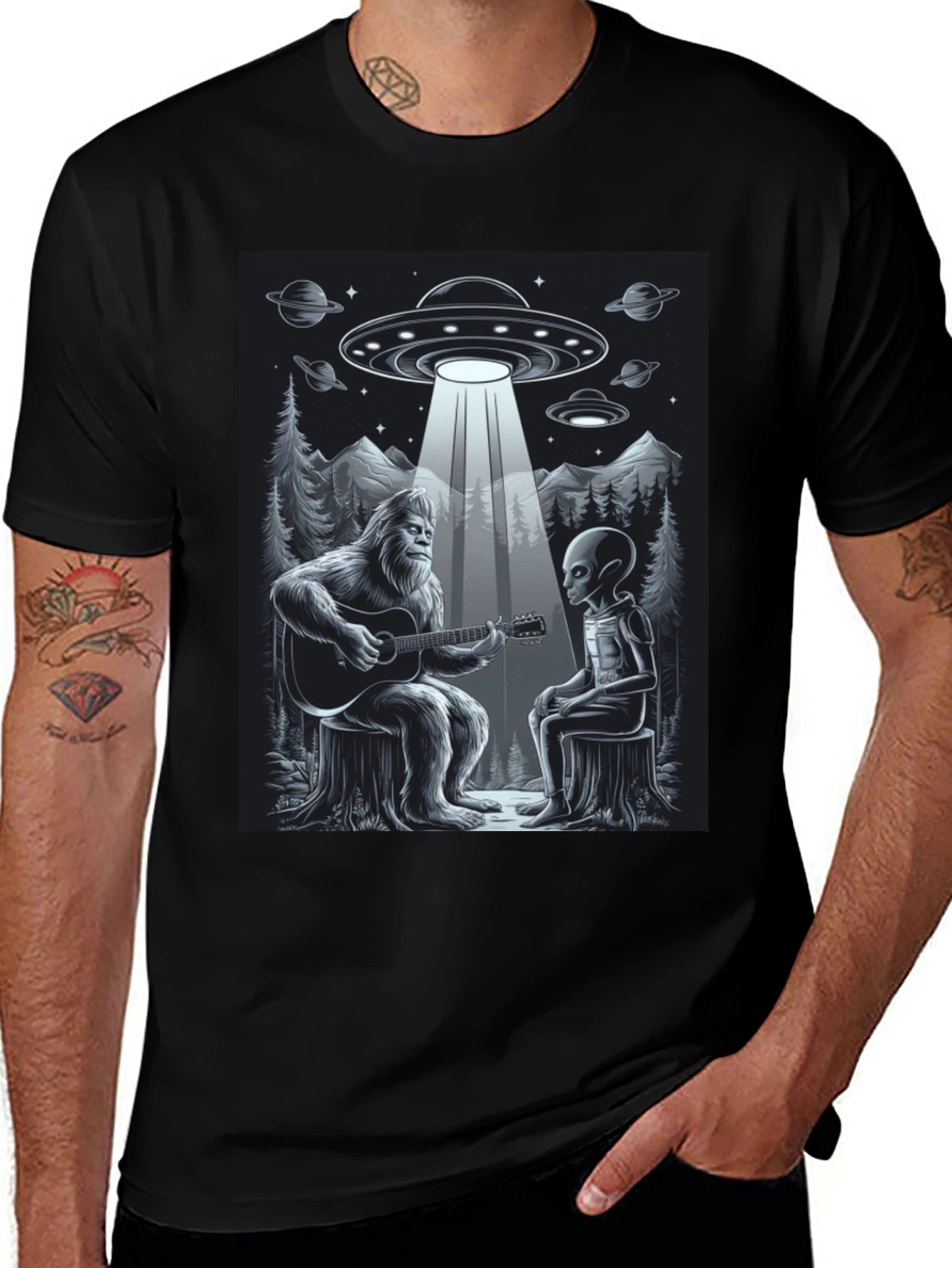 Bigfoot and Alien Music T-Shirt