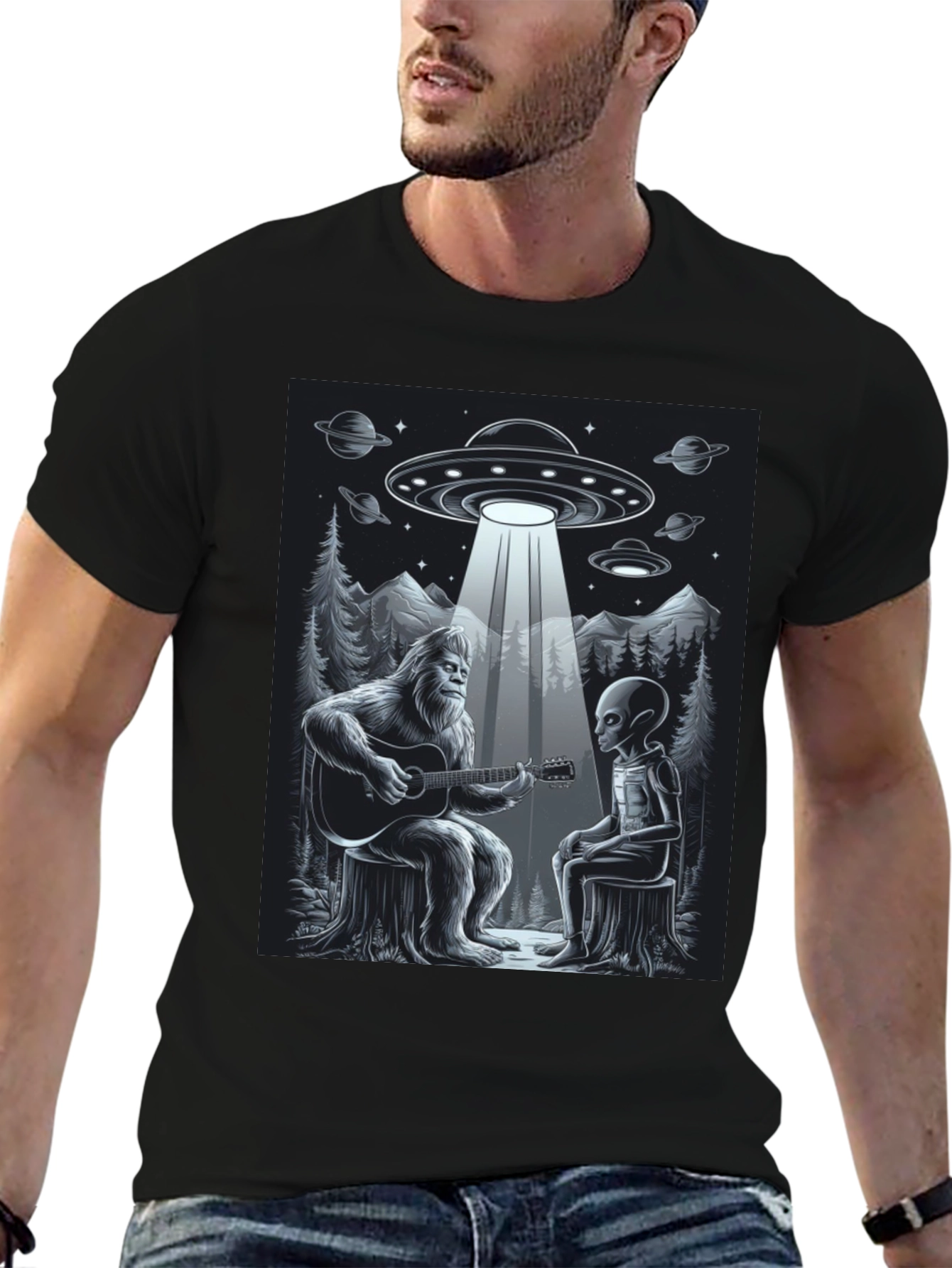Bigfoot and Alien Music T-Shirt