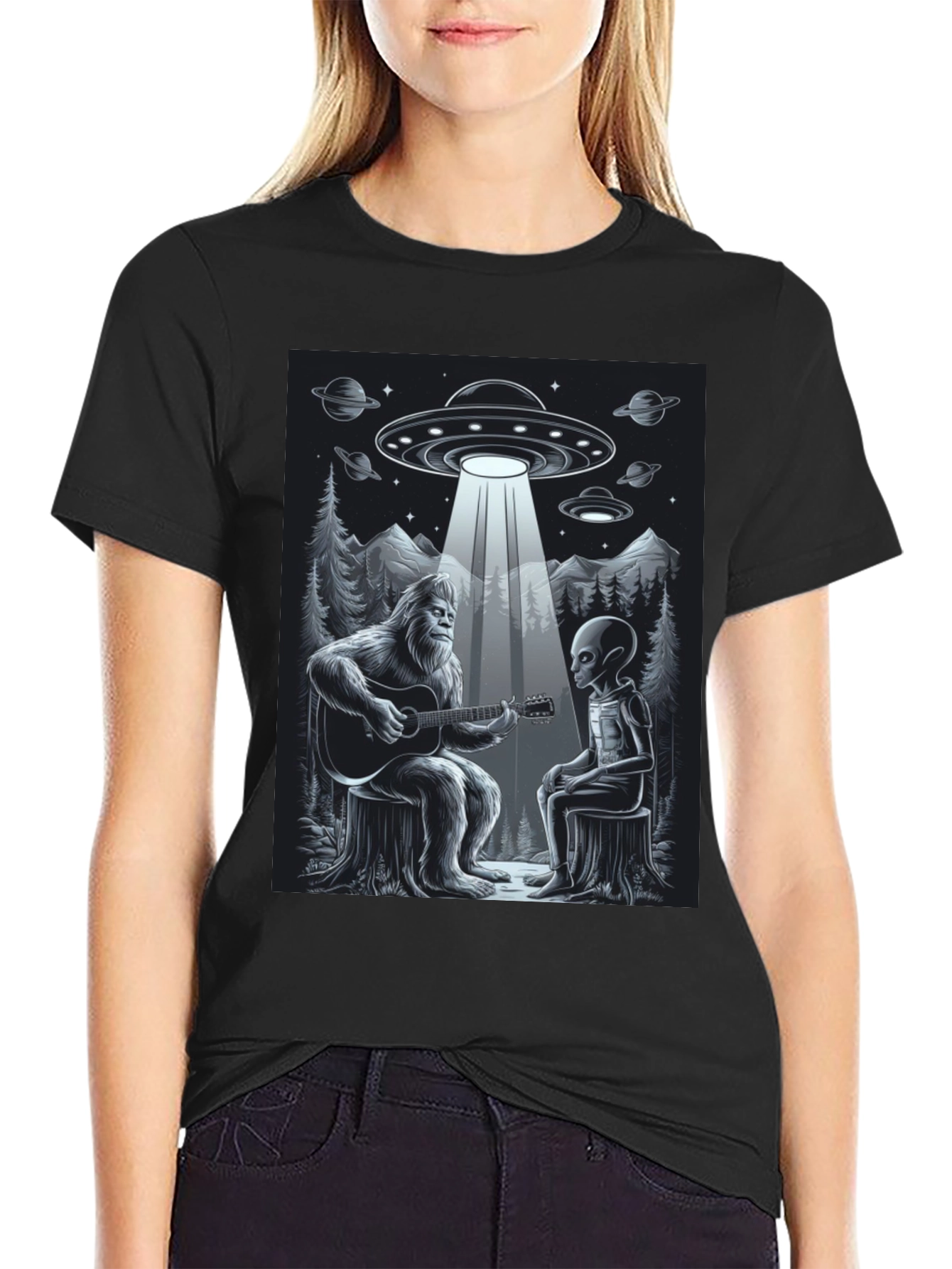 Bigfoot and Alien Music T-Shirt
