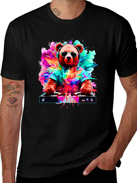 DJ Bear Graphic Tee - Colorful Party Animal T-Shirt