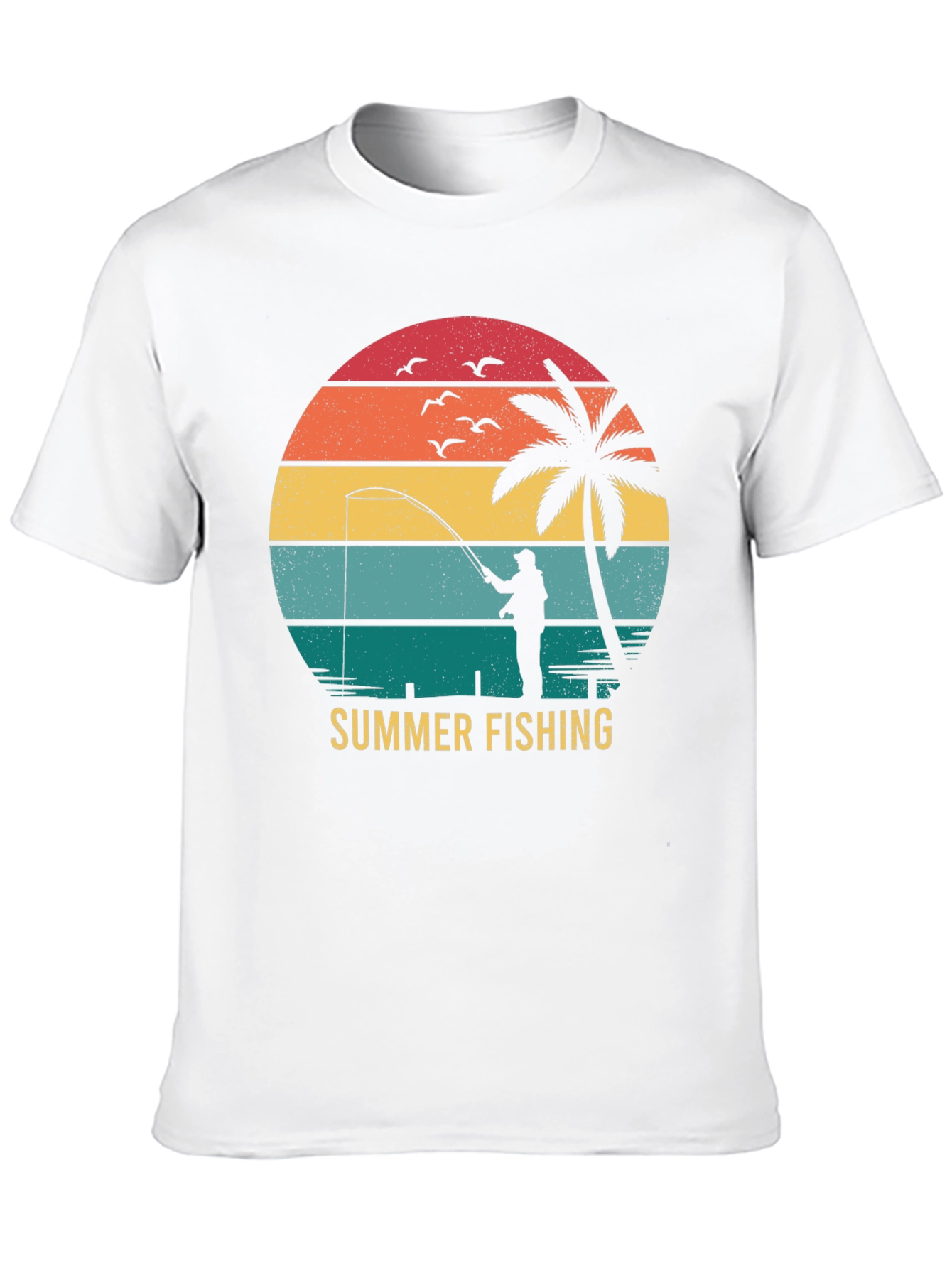 Summer Fishing T-Shirt Retro Sunset Palm Tree Angler Tee