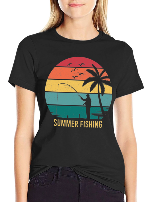 Summer Fishing T-Shirt Retro Sunset Palm Tree Angler Tee