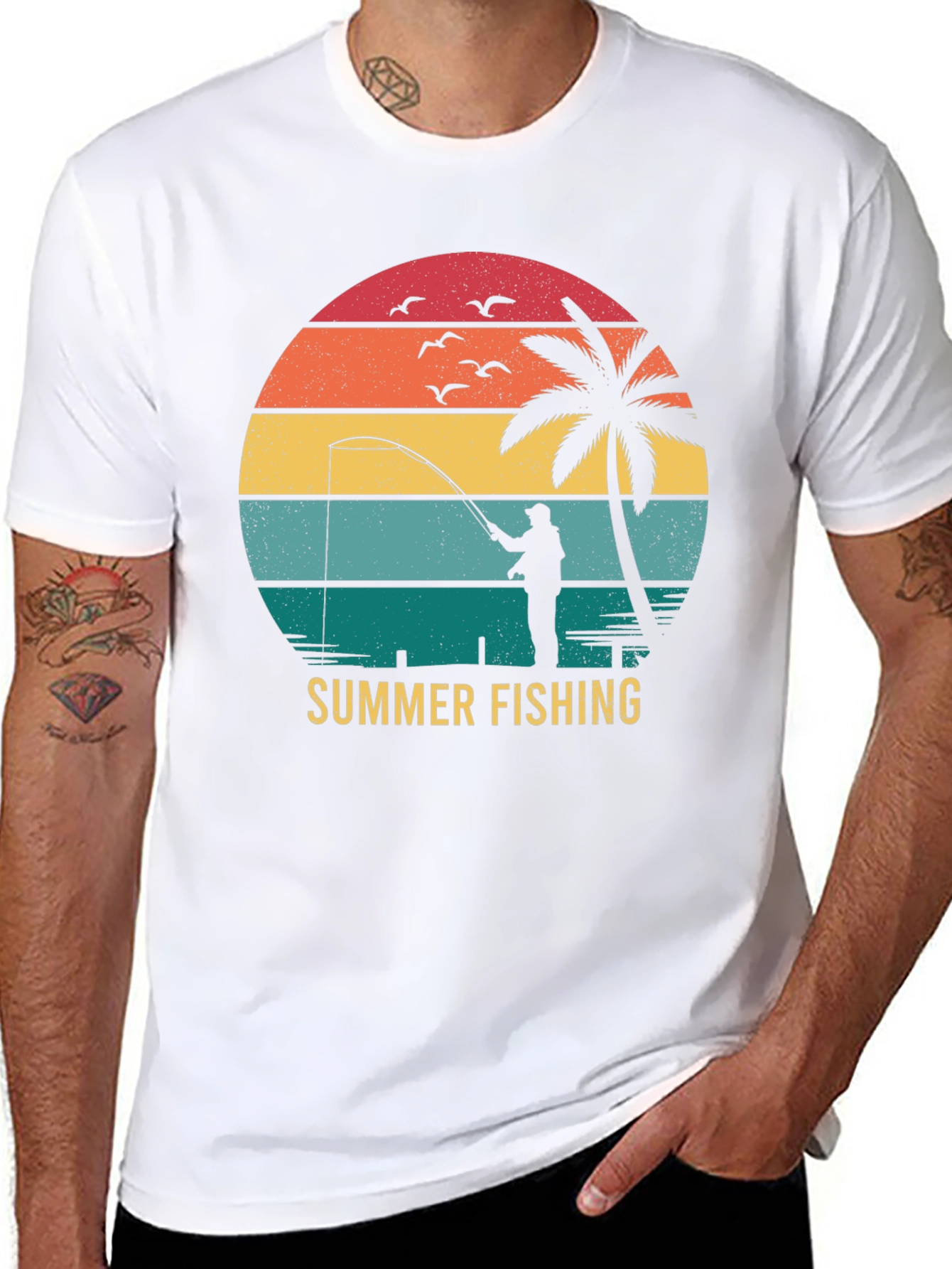 Summer Fishing T-Shirt Retro Sunset Palm Tree Angler Tee