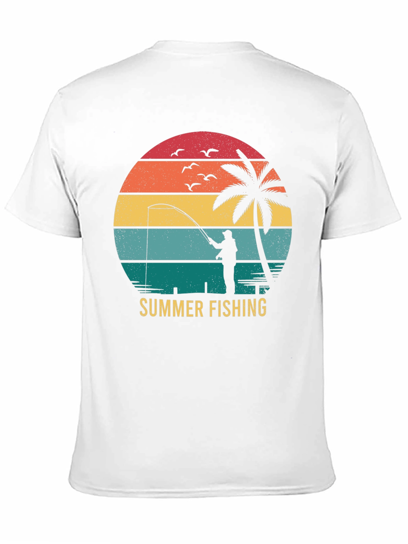 Summer Fishing T-Shirt Retro Sunset Palm Tree Angler Tee