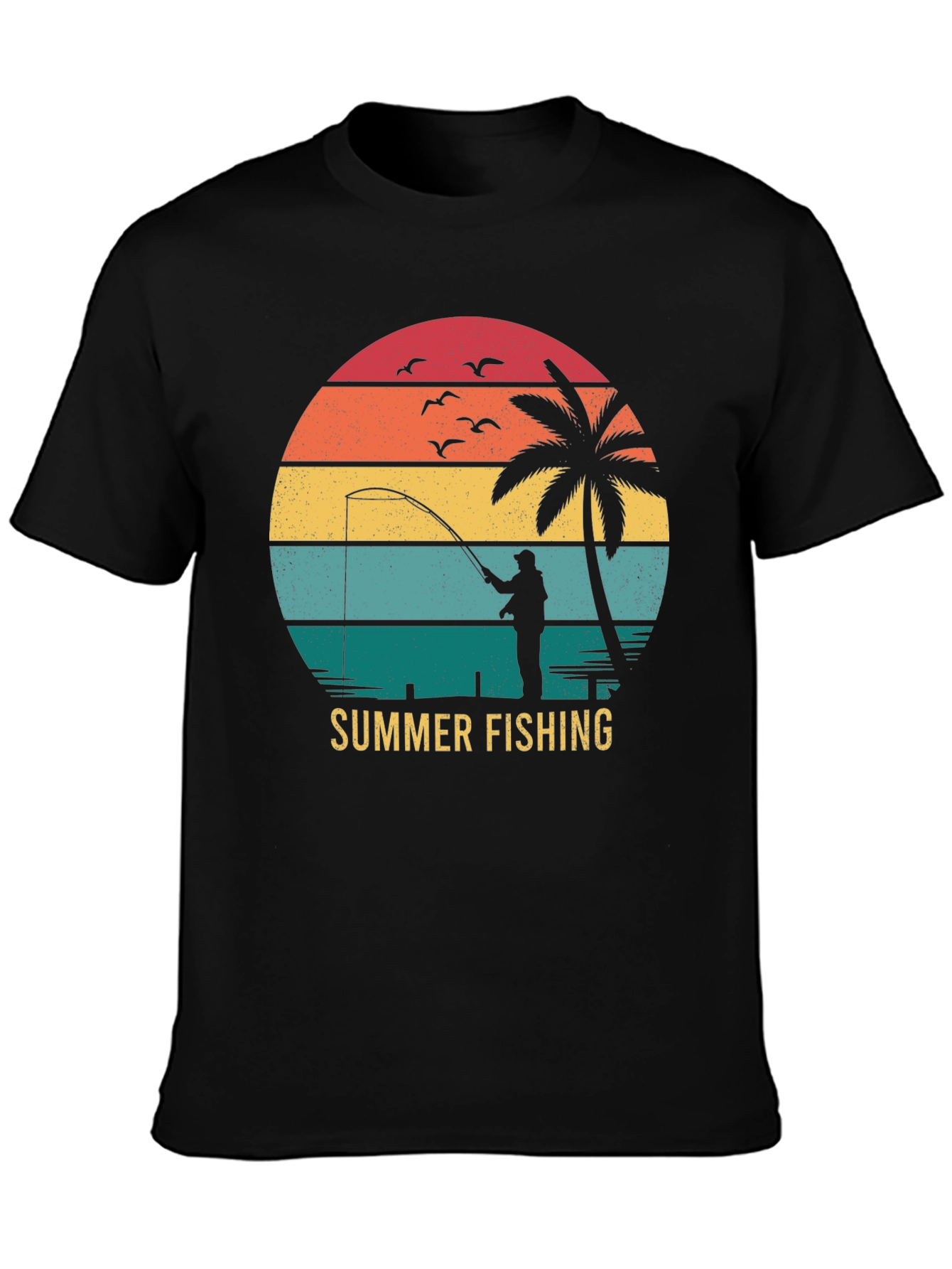 Summer Fishing T-Shirt Retro Sunset Palm Tree Angler Tee