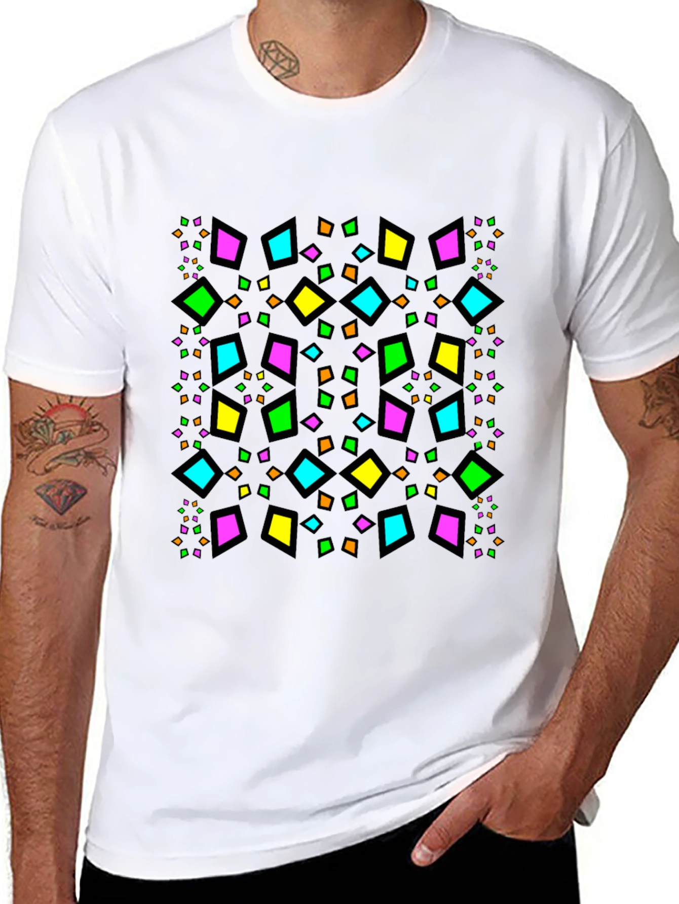 Geometric Diamond Pattern Black T-Shirt
