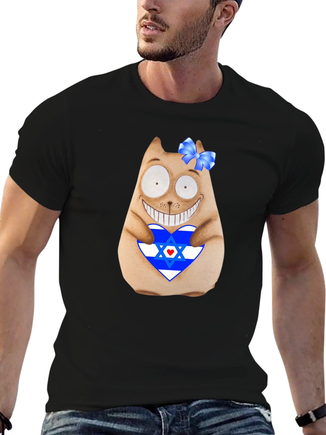 Funny Cat with Israel Flag Heart T-Shirt