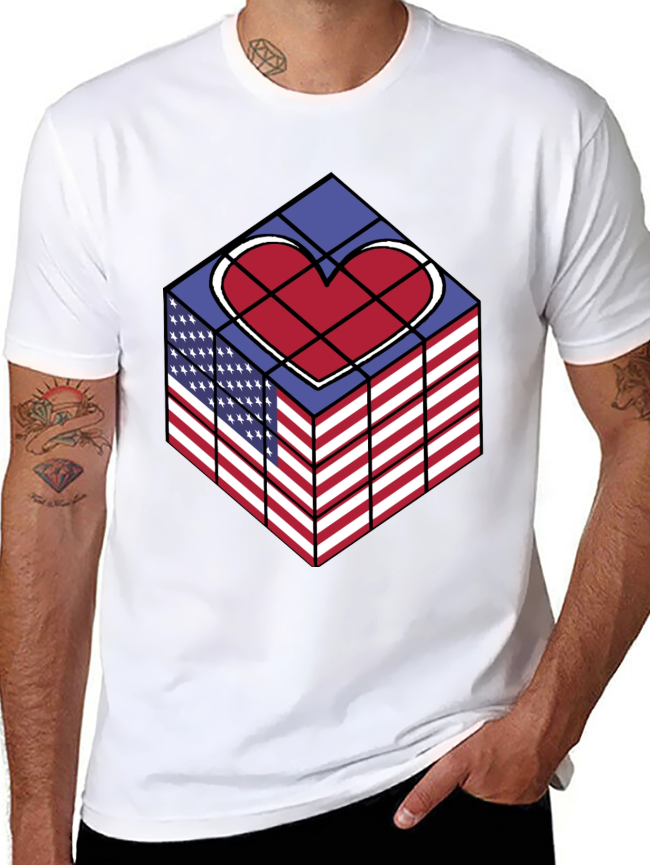 Patriotic Heart Cube Graphic Tee - USA Pride Shirt