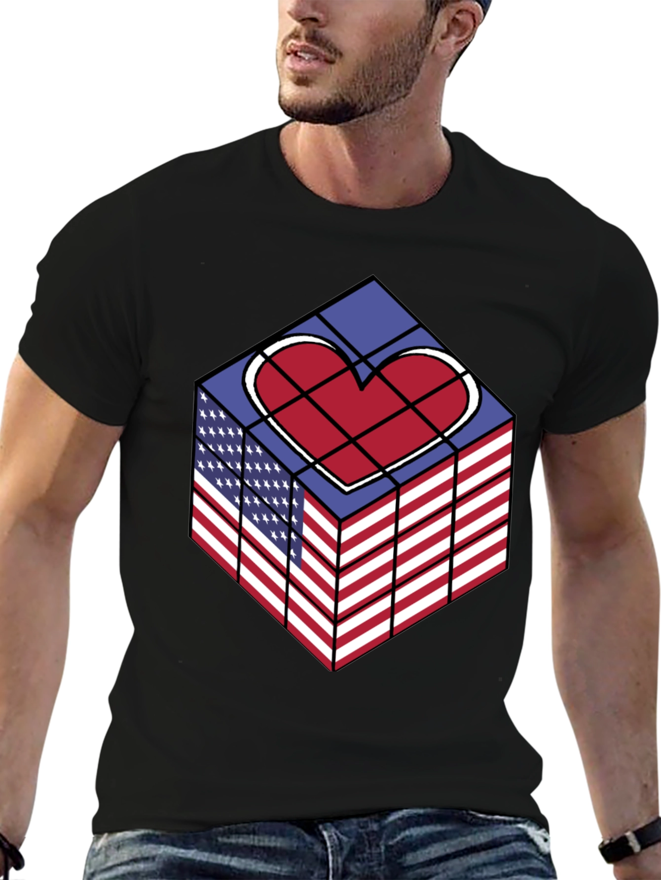 Patriotic Heart Cube Graphic Tee - USA Pride Shirt