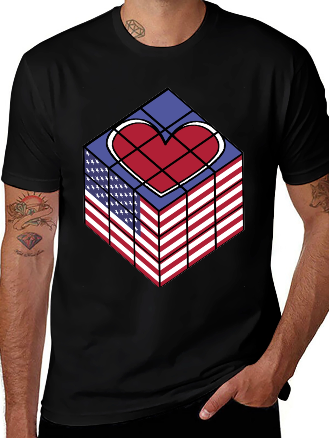 Patriotic Heart Cube Graphic Tee - USA Pride Shirt